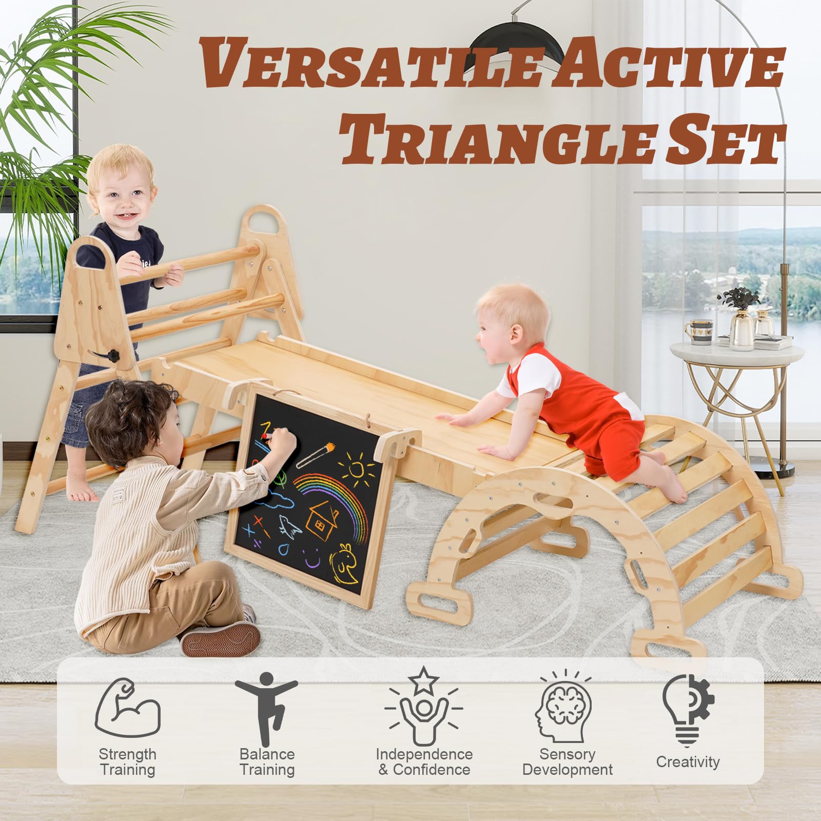 6in1 Montessori Klettergerüst, Klettern Kinder Indoor mit Kletterbogen, Rutsche und Mini Kinder Maltafel, Climber Toy Drinnen und Draußen, Montessori Klettergerüst ab 1-6 Jahr