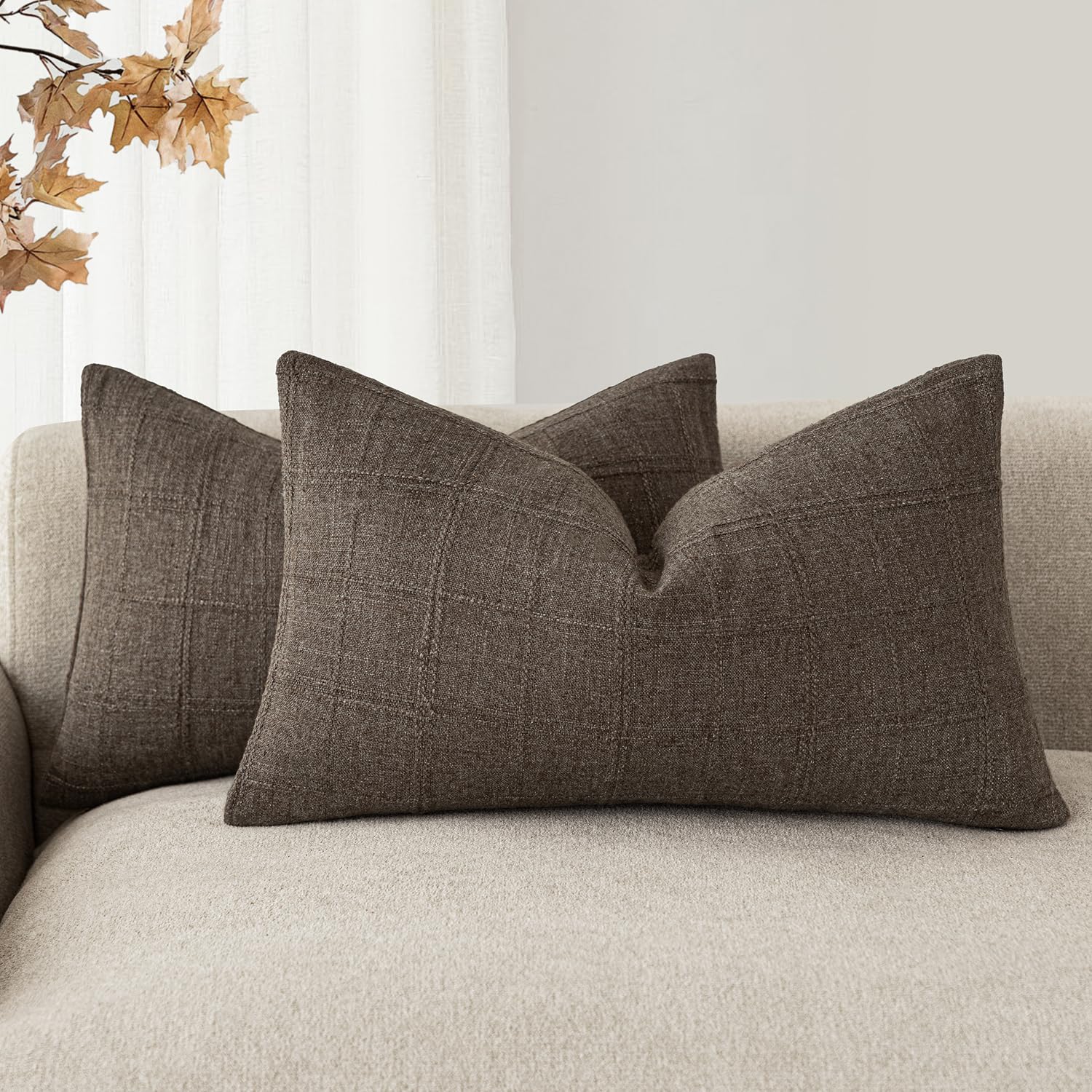 Foindtower Textured Linen Check Lumbar Throw Pillow Covers 12×24 Dark Brown