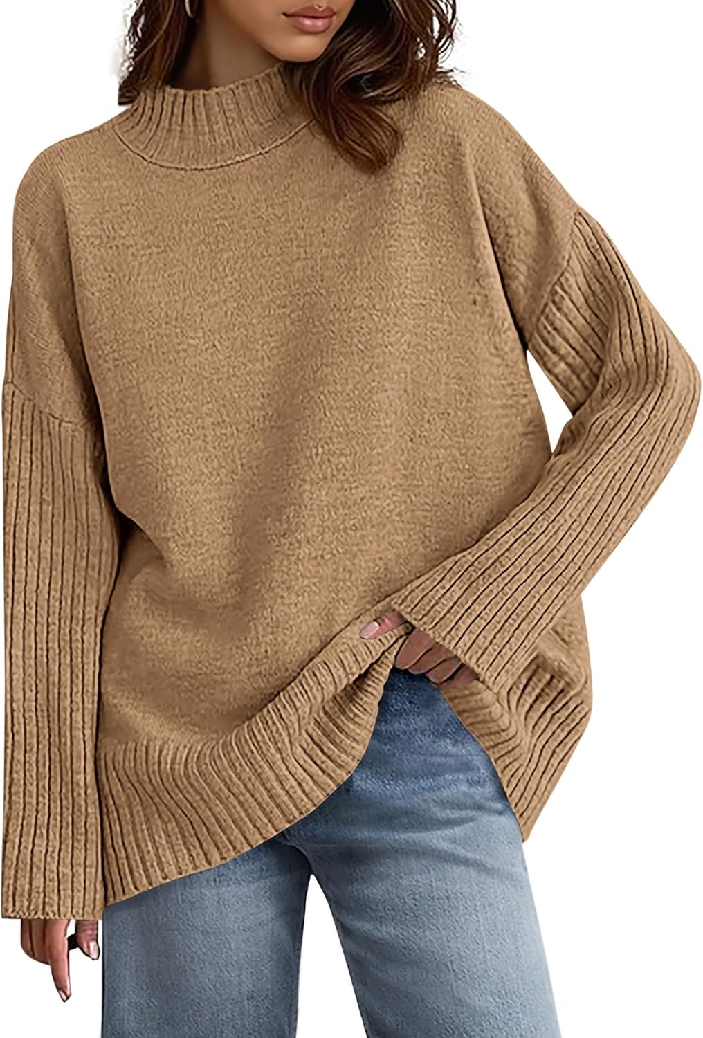 PRETTYGARDEN Casual Long Sleeve Oversized Sweaters for Women 2026 Loose Mock Neck Pullover Sweater Ribbed Knit Fall Clothes