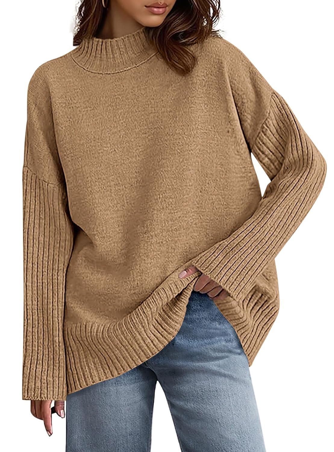 PRETTYGARDEN Casual Long Sleeve Oversized Sweaters for Women 2026 Loose Mock Neck Pullover Sweater Ribbed Knit Fall Clothes