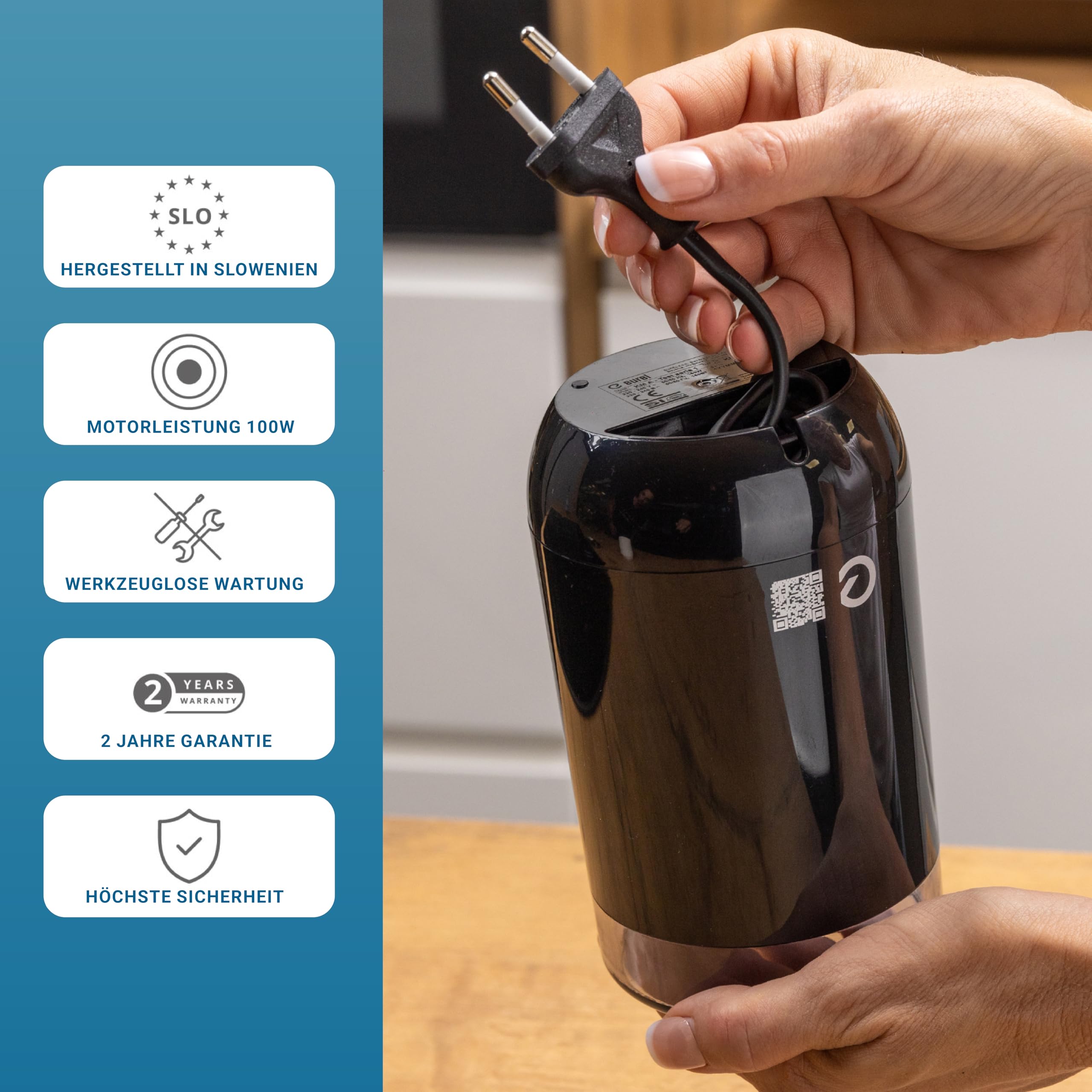 EUREL KMA Elektrische Kaffeemühle Schwarz – Coffee Grinder mit Edelstahl Mahlbehälter & Messer, Variable Mahlgrade, Kompaktes Design – 45g Kapazität