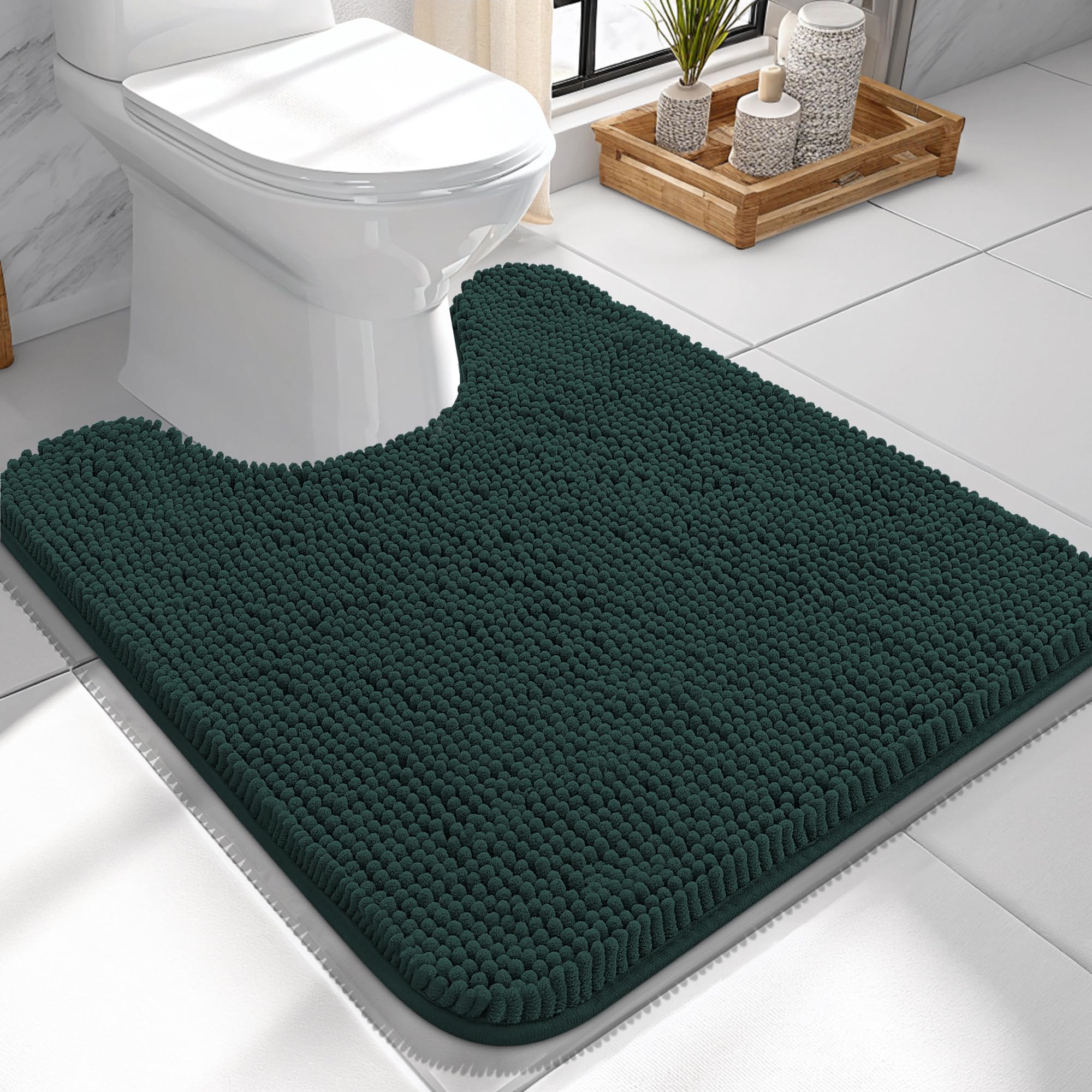 OLANLY Toilet Rugs U-Shaped 24x24, Soft Absorbent Chenille Contour Rugs | Blackish Green, Quick-Drying Rubber Backing, Machine Washable Non-Slip Shaggy Bathroom Mat for Toilet, Home Decor Accessories
