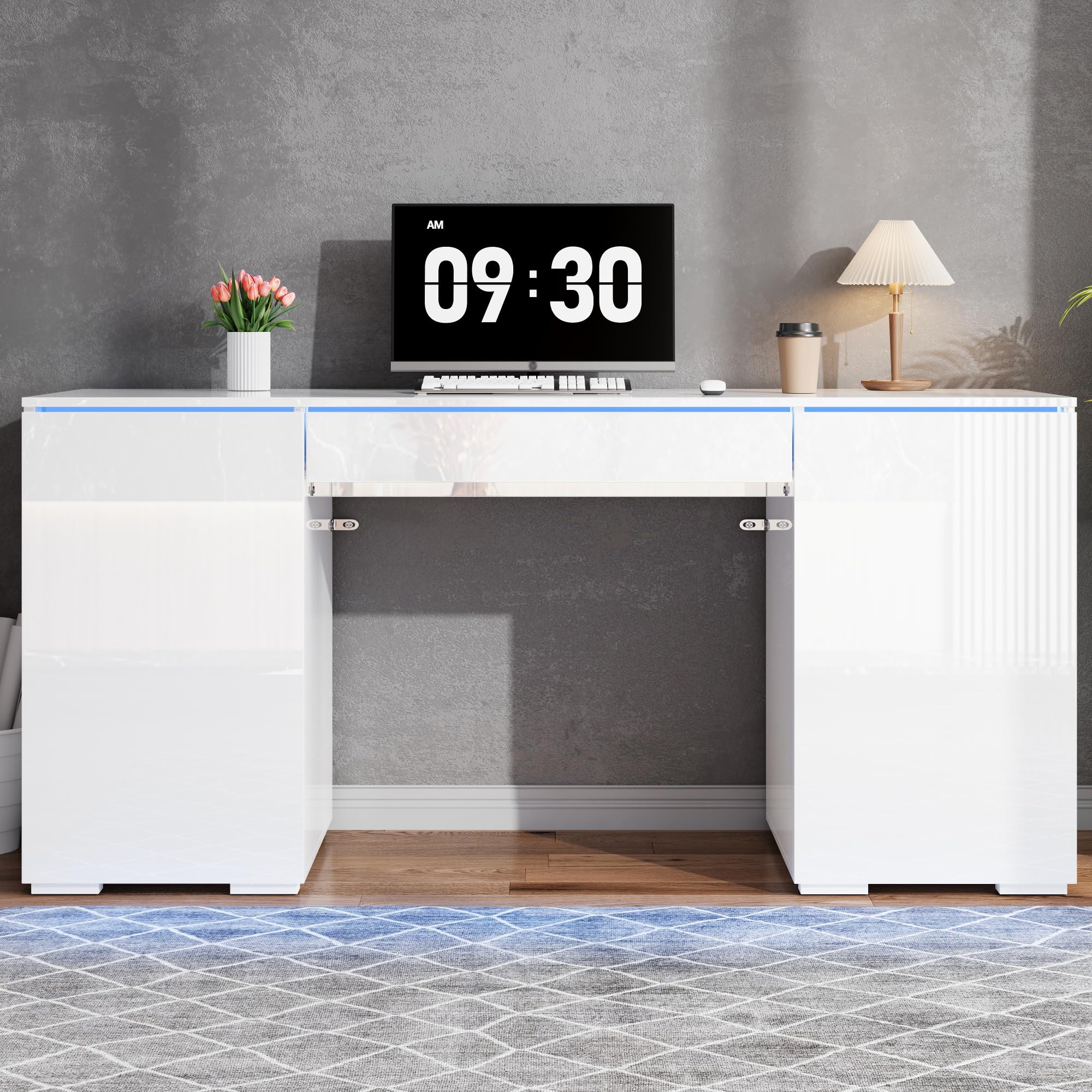 Escritorio, 50 x 78 x 120 cm, blanco, 1 cajón y 2 puertas, moderno escritorio para ordenador con superficie de trabajo extragrande, tocador con espacio de almacenamiento