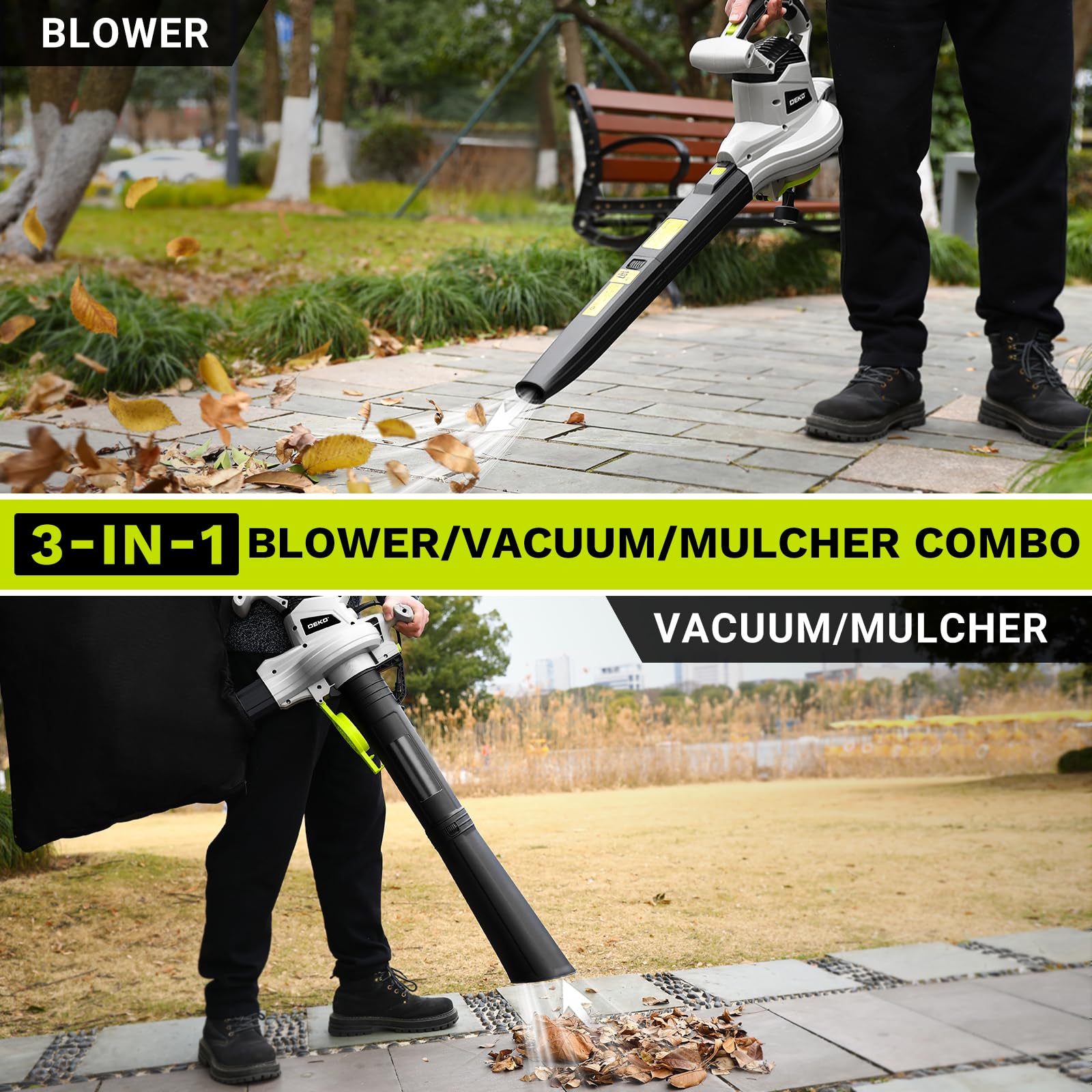 DEKOPRO Soplador de hojas eléctrico 3 en 1 de 12 amperios, con cable, aspiradora de hojas y herramientas para el cuidado del césped con bolsa colectora de hojas de 40 L para patio, jardín, 450 CFM