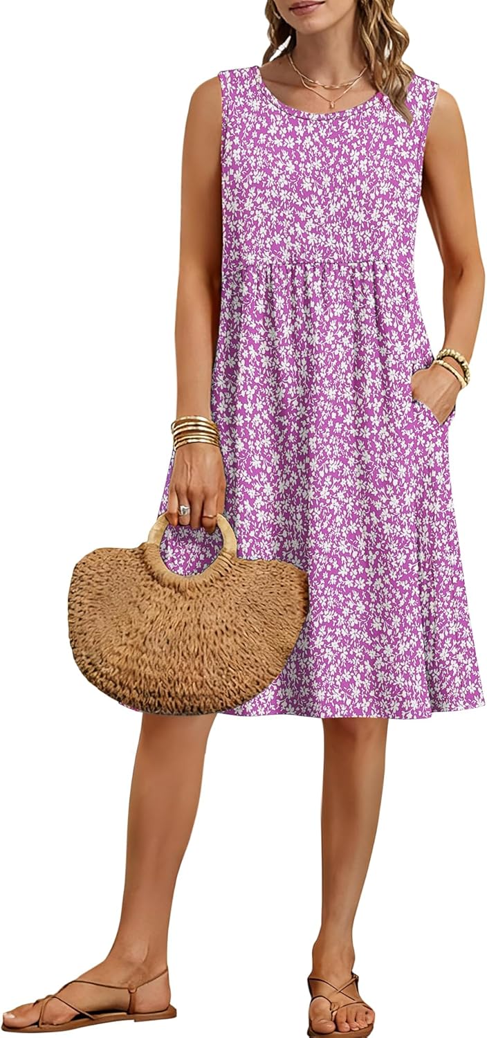 AUSELILY Summer Knee Length Dress Women A Line Sleeveless Loose Sundress Crew Neck Dress 2026 New