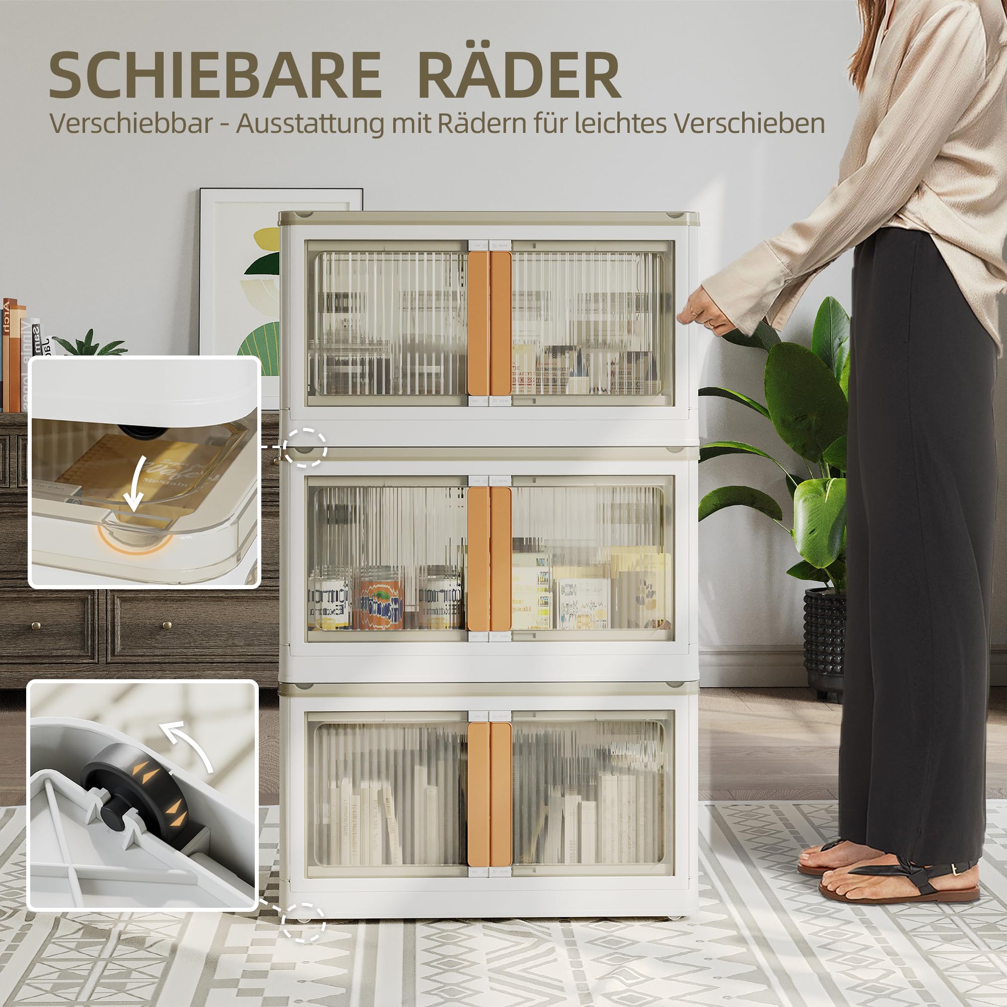 NETEL Aufbewahrungsbox mit Deckel, 83L 4 Stück Boxen Aufbewahrung, Stapelboxen, Plastikbox mit Deckel, Faltbare Aufbewahrungsboxen mit Tür und Rollen, 5 Seiten sind zu öffnen, Transparent und Stabil.