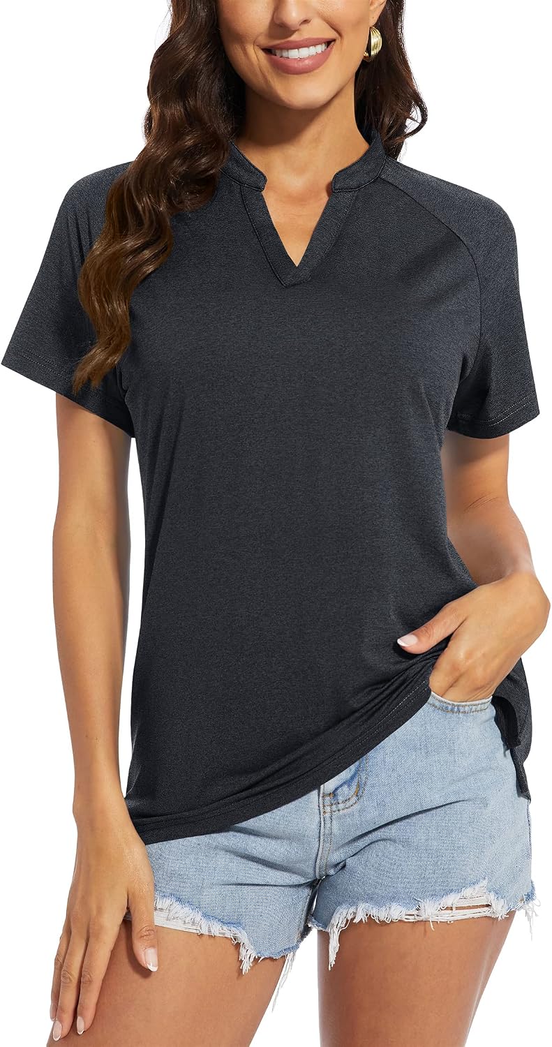 TACVASEN V Neck Polo Shirts for Women Short Sleeve Sun Protection Gym Yoga Top Shirts Lightweight Collarless Tennis T Shirts