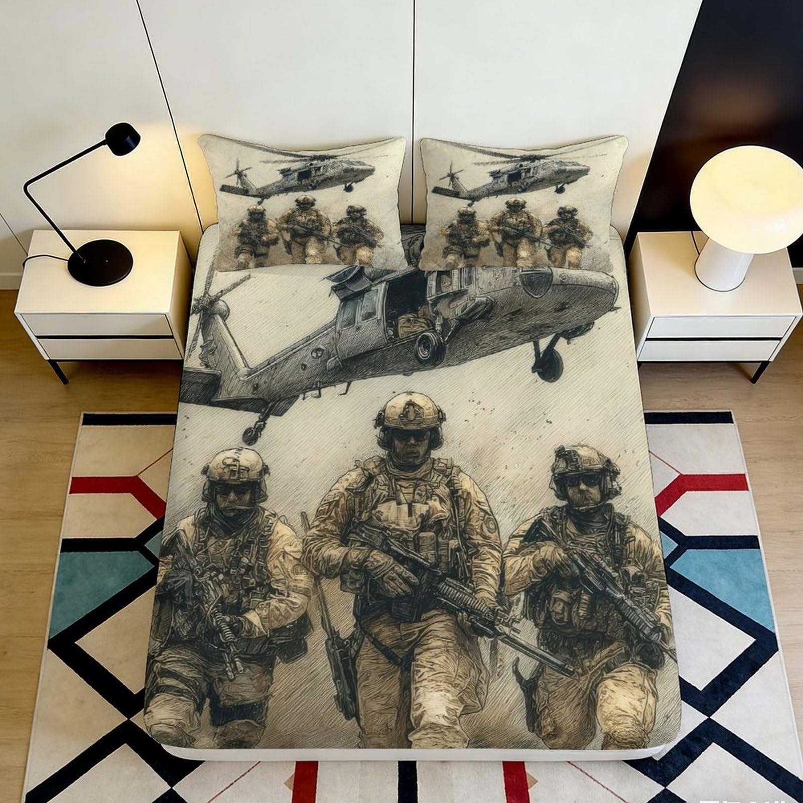 3D Printed Military Soldiers Fitted Sheet Microfiber Durable Breathable Army Helicopter Bed Cover for Bedroom Dormitory Guest Room Mattress Protection Decoration 120x200x25cm