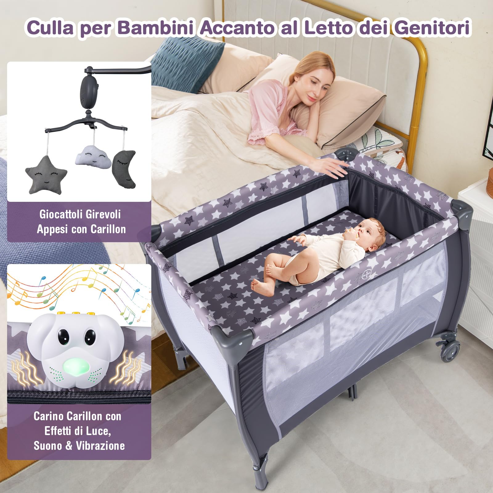 RELAX4LIFE 4 in 1 Lettino da Campeggio con Materasso per Bambini, Culla da Viaggio per Neonati con Fasciatoio, Carillon e Ruote Bloccabili, Adatto a Bambini da 0 a 36 Mesi (Stelle Grigie)