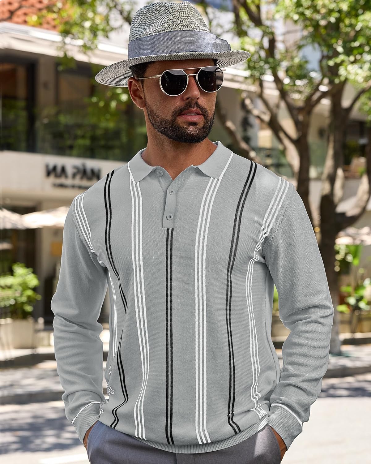 Lexiart Mens Knit Polo Shirt Striped Dressy Thermal Basic Button Collar Long Sleeve Sweater - Image 5