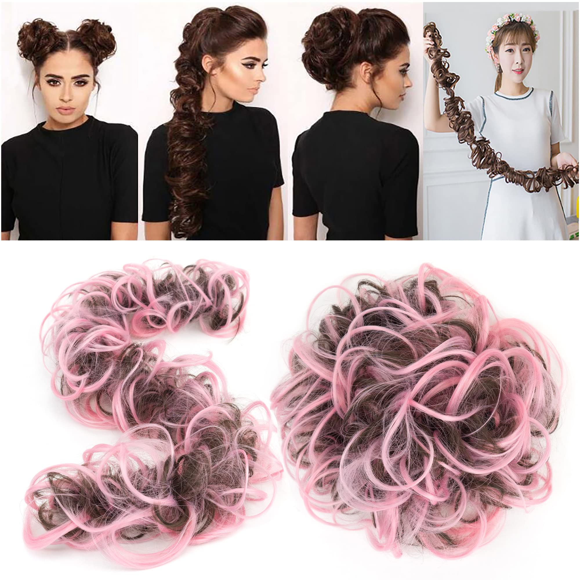 IMISSU Large Size Hairpiece Curly Messy Hair Bun Wrap Scrunchies Elastic Hair Band Donut Updo Chignon Hair Extension Piece for Women Girl (Brown Pink) - Image 4
