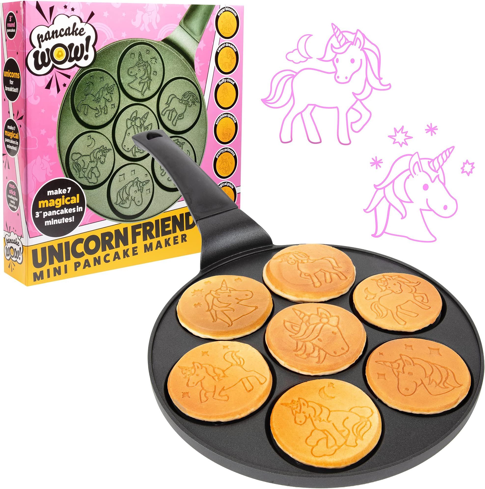 Unicorn Mini Pancake Pan- Make 7 Unique Flapjack Unicorns, Nonstick Pan Cake Maker Griddle for Breakfast Fun & Easy Cleanup, Girls Magical Treat, Dessert or Gift for Kid Party- Easy to Use Long Handle