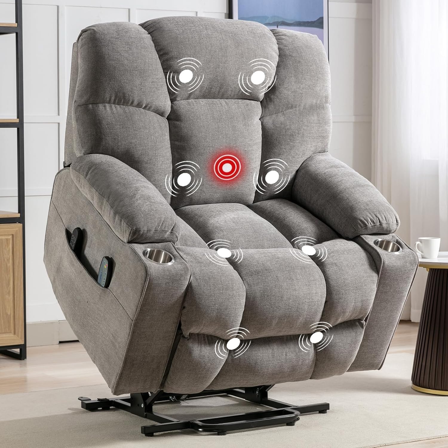 CANMOV Dual Motor Large Power Lift Recliner Chair for Elderly with Massage and Heat, Oversized Lay Flat Electric Lift Recliner, Heavy Duty Recliner Chair with USB Port, Side Pocket, Cup Holders, Grey