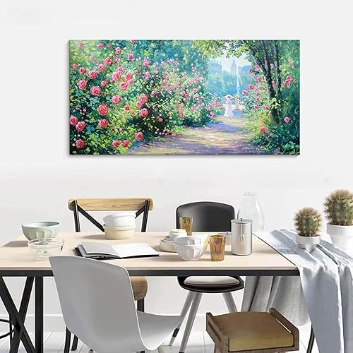 CHATYOUNG Lienzo decorativo para pared de sala de estar, diseño de rosas rojas florecientes, paisaje de mansión, pintura de pared, estilo Monet,