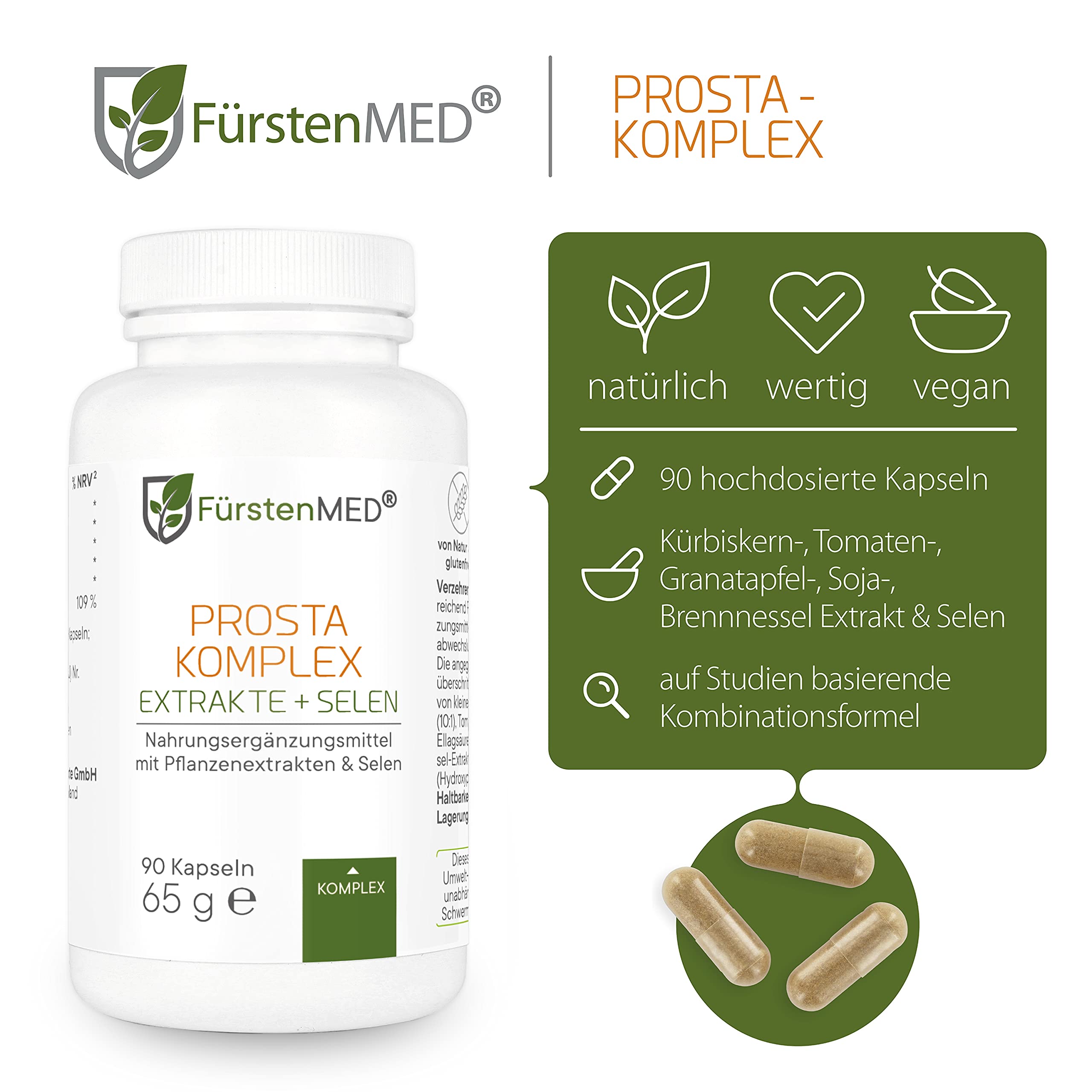 FürstenMED® Prosta Komplex Hochdosiert mit Kürbiskern-Extrakt + Granatapfel + Brennnessel, Soja, Lycopene & Selen - 90 Vegane Kapseln speziell entwickelt für den Mann, Laborgeprüft & Ohne Zusätze