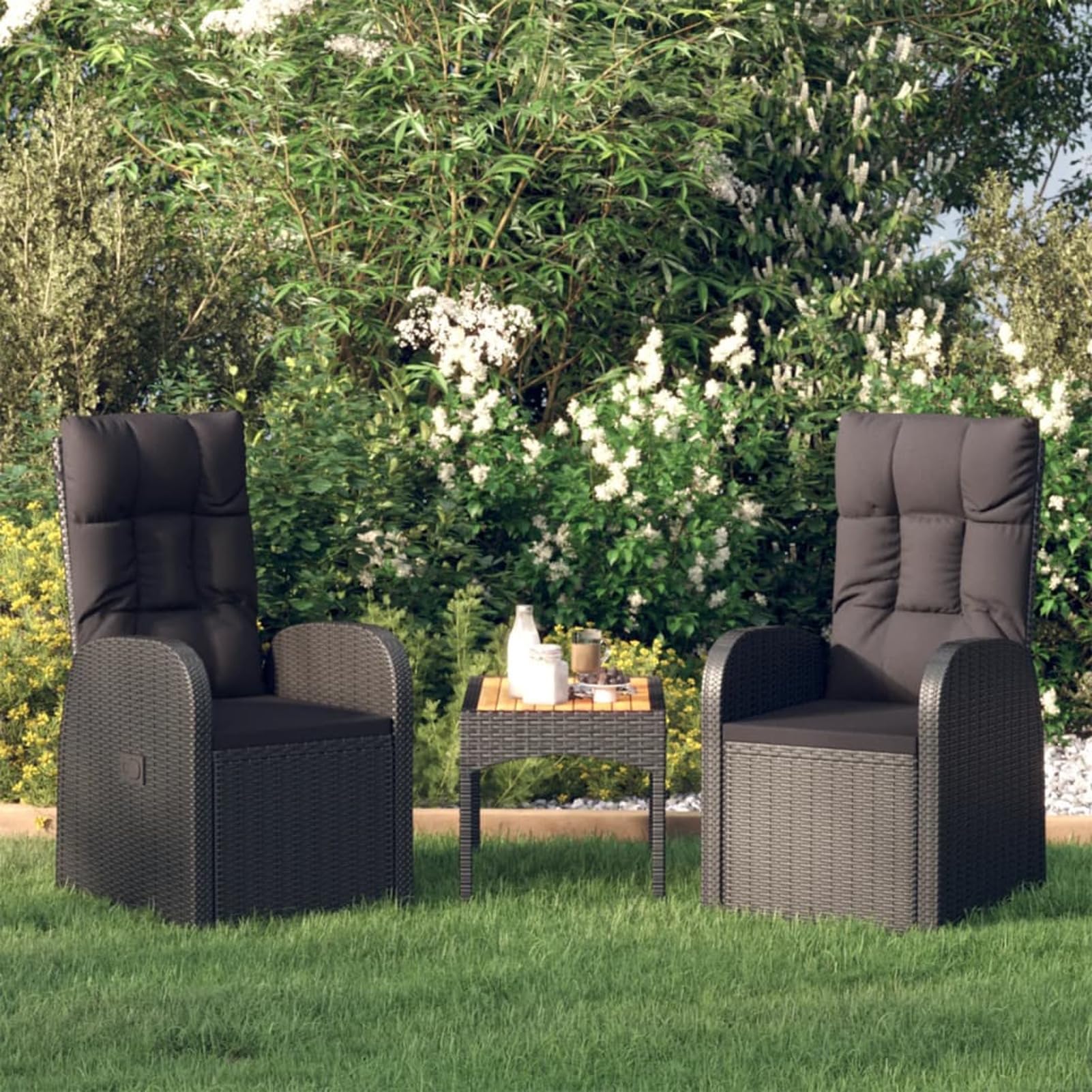 IKAYAA Conjunto de 2 Sillones de Ratán con Cojines, Sillón Reclinable Jardín, Muebles Jardín Exterior, Resistentes a la Intemperie, Sillones para Terraza, Butaca Patio, Negro