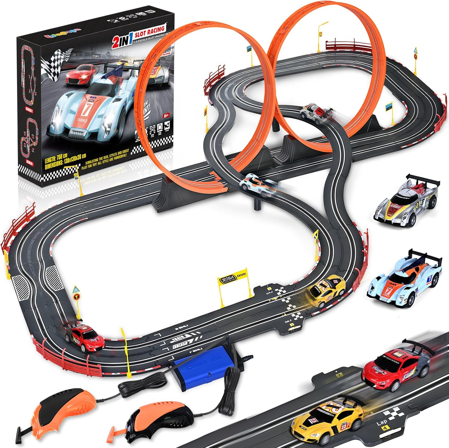 Slot Car Race Track Set, 2 in 1 with 4 High-Speed Cars, Dual Power Racing Game with Lap Counter and Circular Overpass