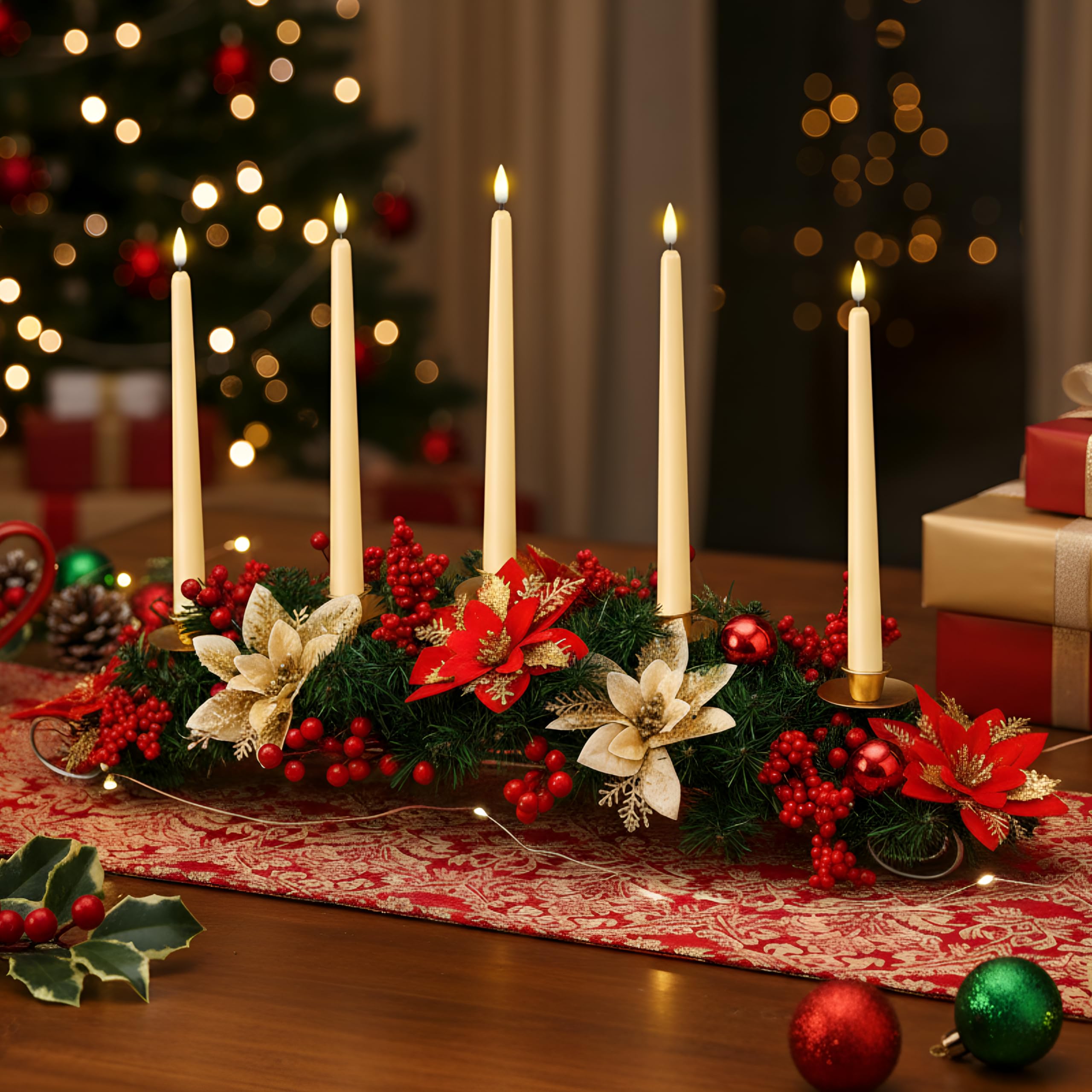 Centre de table de Noël bougeoir poinsettia avec lumières LED
