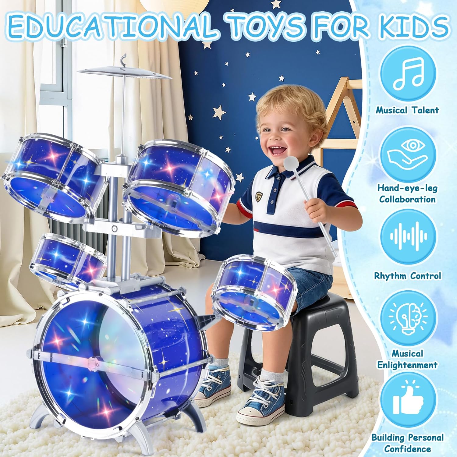 Upgraded Kids Drum Set for Toddlers w/ Light (All Plastic), Musical Gifts Toys for Boys Girls, Kids Jazz Drum Kit for Beginner Music Practice, Christmas Birthday Gift