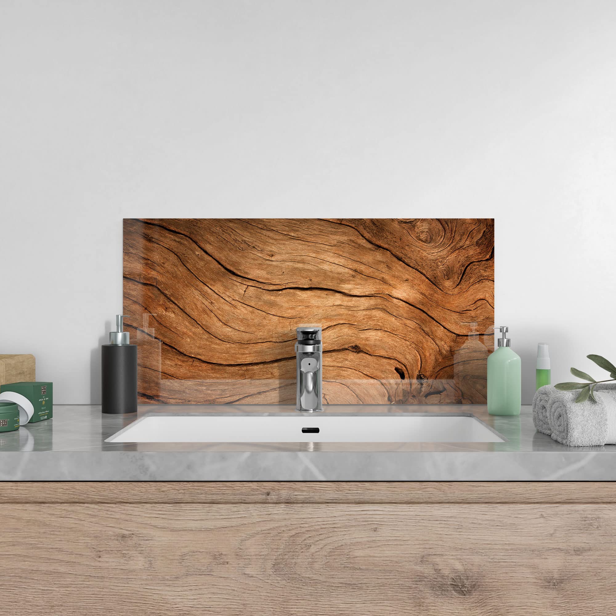 DEQORI Crédence de cuisine en verre | Motif grain de bois détaillé | 80 x 40 cm | Panneau arrière de salle de bain ou de cuisinière | Protection anti-éclaboussures pour cuisine et salle de bain |