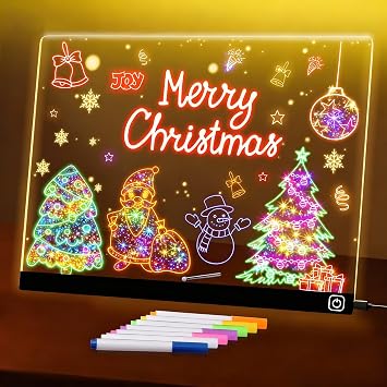 LED Note Board with Colors, 13.7"X10" Light Up Acrylic Dry Erase Board Led Drawing Board 7 Colors Message Board Night Light with 7 Markers for Birthday Party Christmas Gift