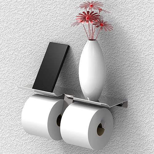 Miniatura 5 de Soporte de papel higiénico con estante para megarrollos, organizador de baño para teléfono celular, tableta o toallitas húmedas, fácil carga,