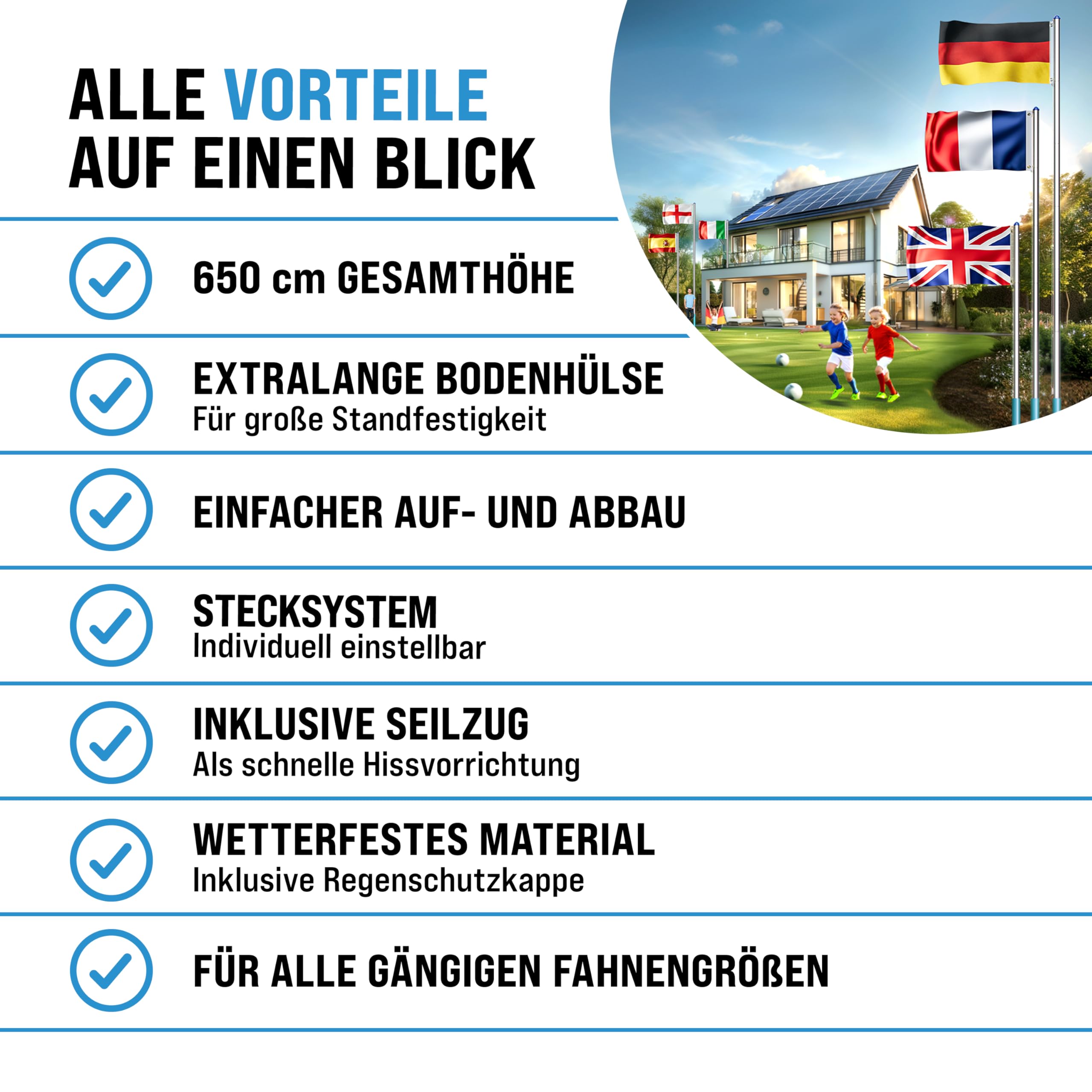 MONZANA® Fahnenmast 6,5m Seilzug Bodenhülse inkl. Deutschland Flagge Deutschlandfahne Fahne höhenverstellbar Flaggenmast Aluminium Teleskop Fahnenstange
