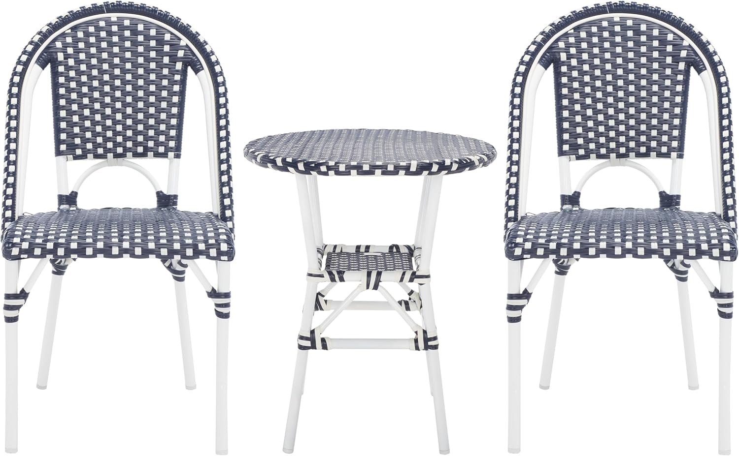 SAFAVIEH Outdoor - California 3 Piece Bistro Set - Navy Faux Wicker & Aluminum Frame - Coastal Design - Ideal for Patio, Deck, Sunroom, Dining Area (PAT9505F-KIT2)