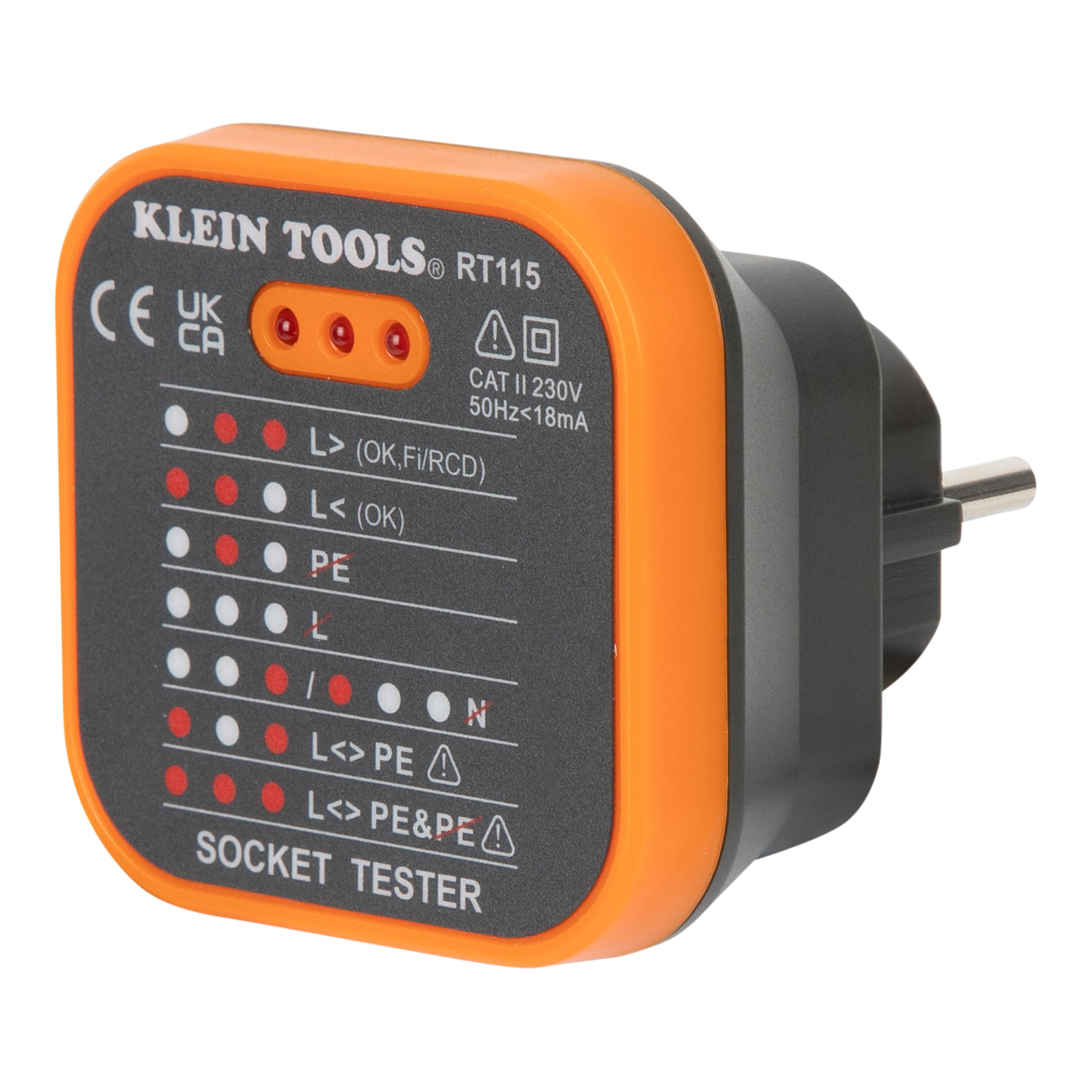 Klein Tools RT115 | Comprobador De Enchufes 230 V Estandar UE | Indicadores LED Estado De Cableado | Deteccion Errores De Conexion | CAT II 230 V