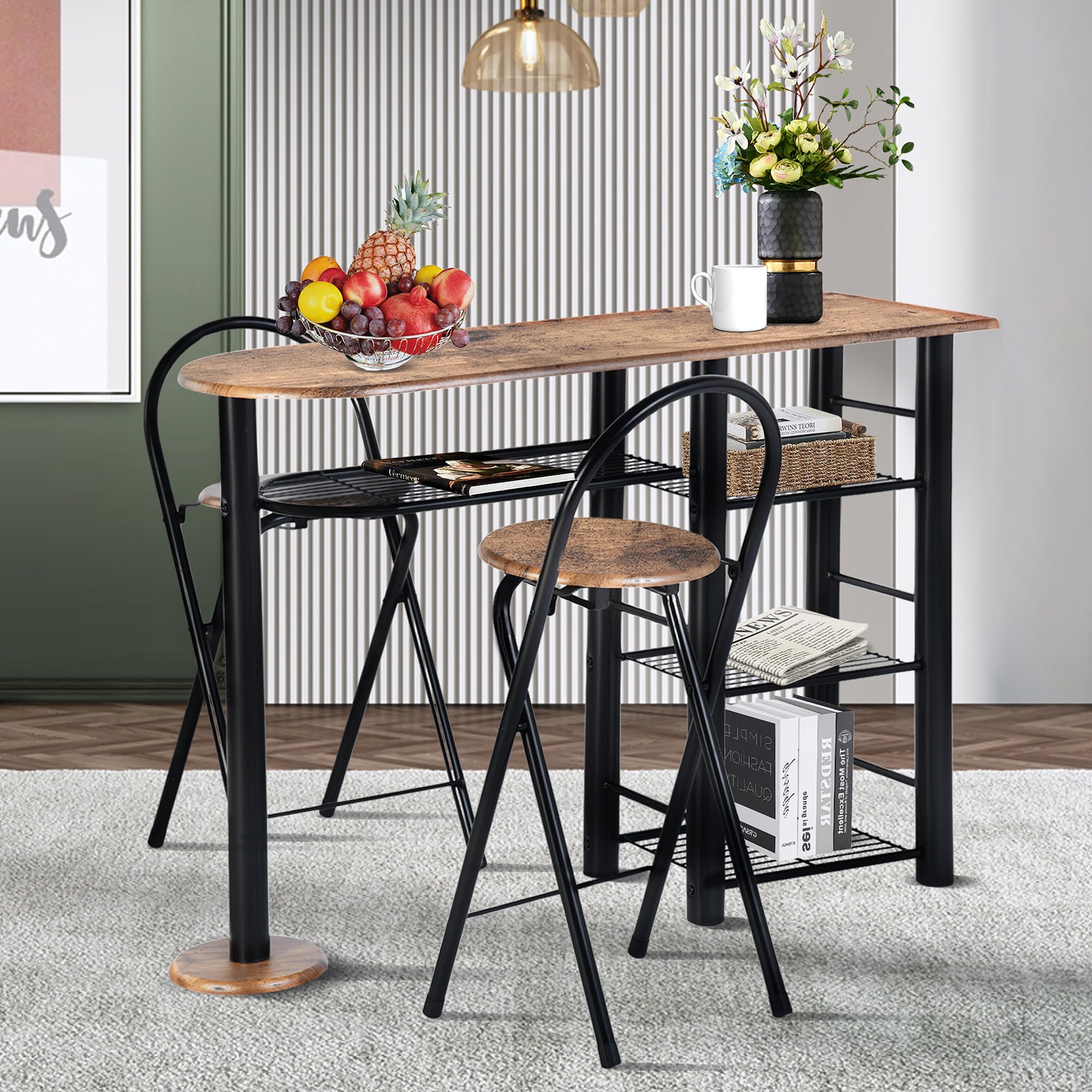 Table haute avec tabourets de bar pour 2 personnes - Table de bar avec espace de rangement et 2 tabourets de bar - Table pliante avec 2 chaises - 110 x 40 x 80 cm - Marron et noir