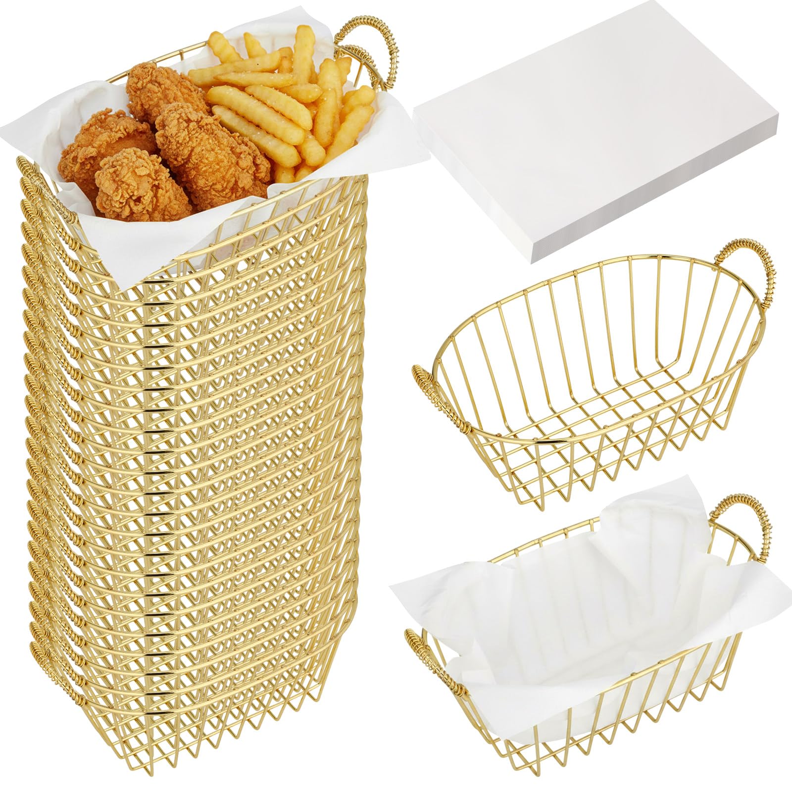 24 Pack Gold Metal Wire Fast Food Baskets Bulk with 100 Food Blotting Sheet