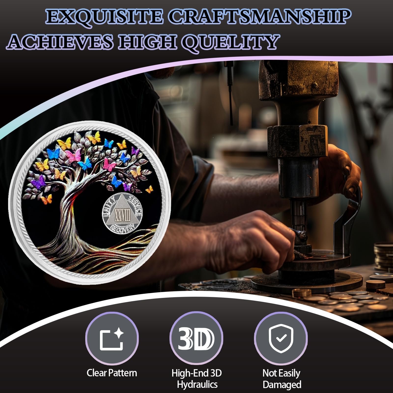 28 Years Sobriety Coin Butterfly Tree of Life AA Chips and Medallions Sobriety Recovery Chip Sober Token Sobriety Gifts for Men Women Celebrating Alcoholics Anonymous Recovery - Image 2