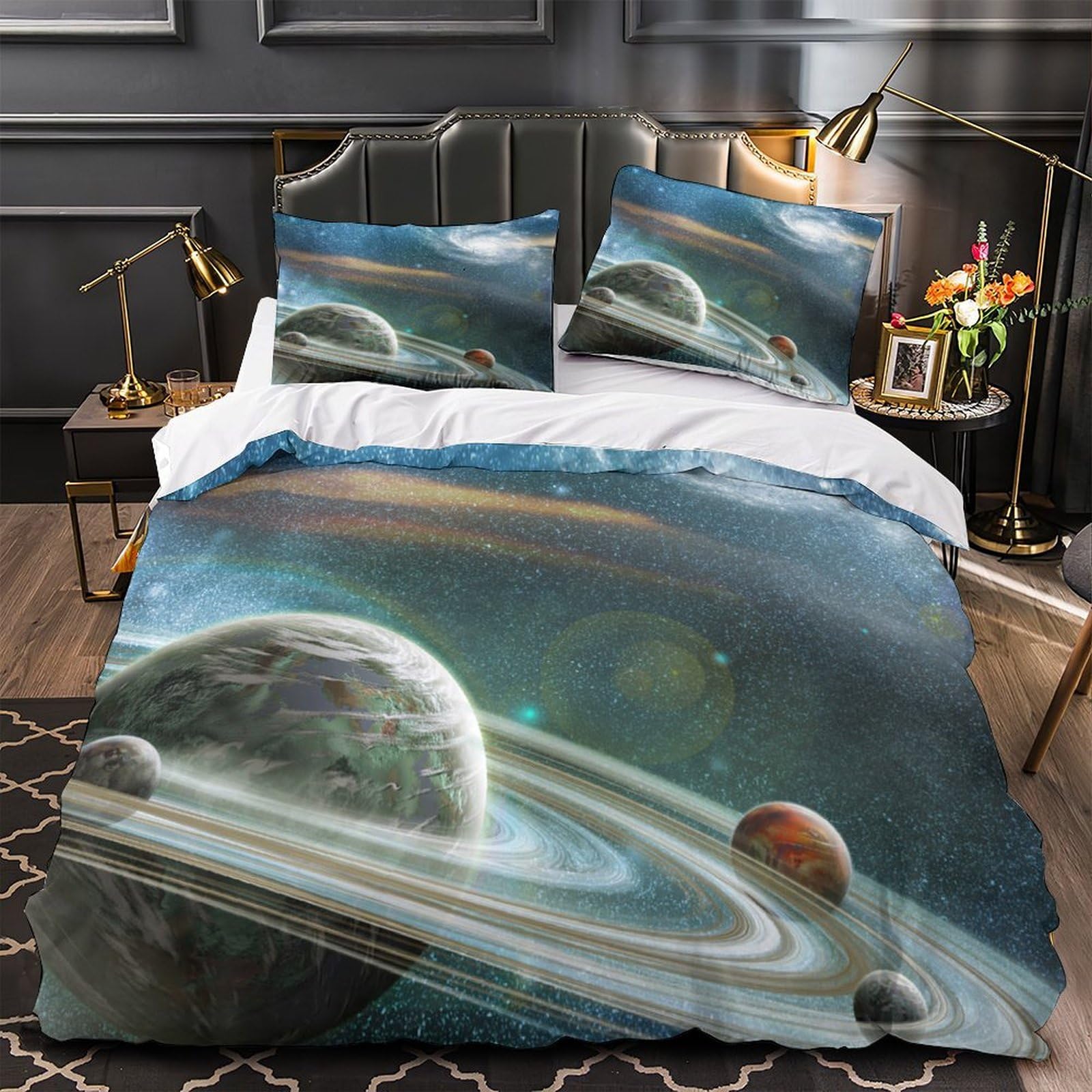 Parure de lit 140x200 haut de gamme au motif spatial 3D avec fermeture éclair invisible robuste