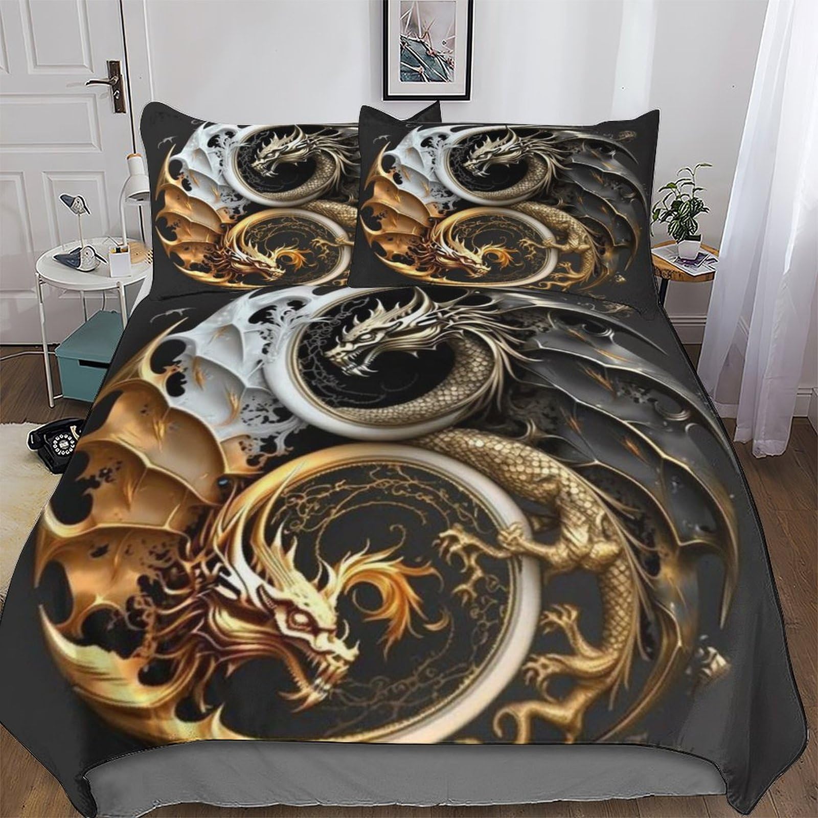 Housse de couette dragon anti-acarien lit enfant 220x240 cm parure microfibre lavable