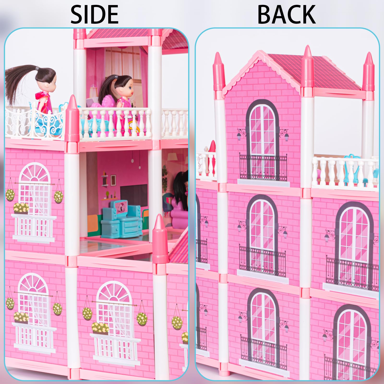 EVERGD Kid Doll House, story Pink Grand Rooms Castle Dolls Dream House  Playset with 3Doll Furniture Accessories Mansion Playhouse Toy Xmas