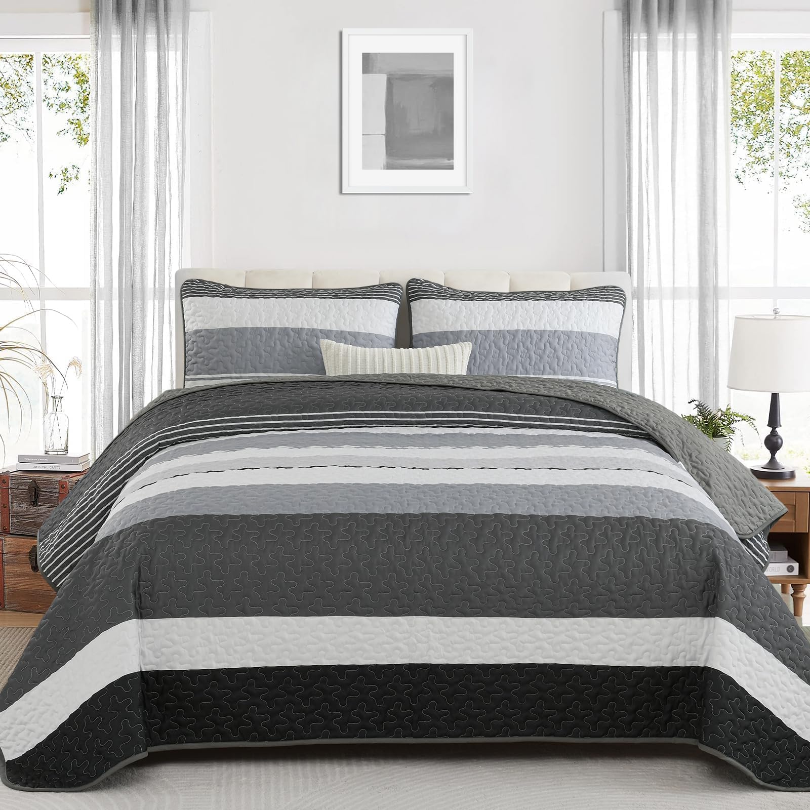 Dinjoy Black White Boho Quilt Set Queen,Dark Grey Striped Bedspread Queen Size Lightweight Quilts 3 Pieces Summer Bedding Sets Coverlet Set with 2 Pillowcases Farmhouse for Men