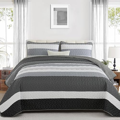 Dinjoy Juego de edredón bohemio negro y blanco, tamaño Queen, colcha a rayas gris oscuro, juego de ropa de cama de 3 piezas para hombre, juego de