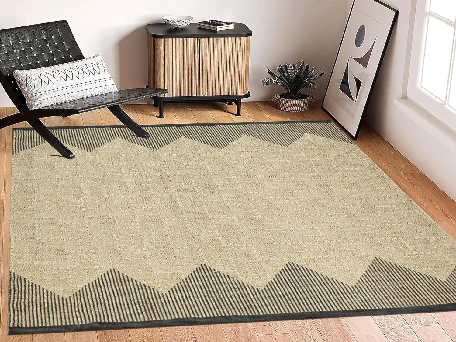 Collection Square Rug - 4x4 Ft Brown & Black Cotton Dhurrie Striped Kilim Rug Indoor Outdoor Use Carpet Flatweave Rug High Traffic Area in Bedroom Bedside & Dining Table Doormat