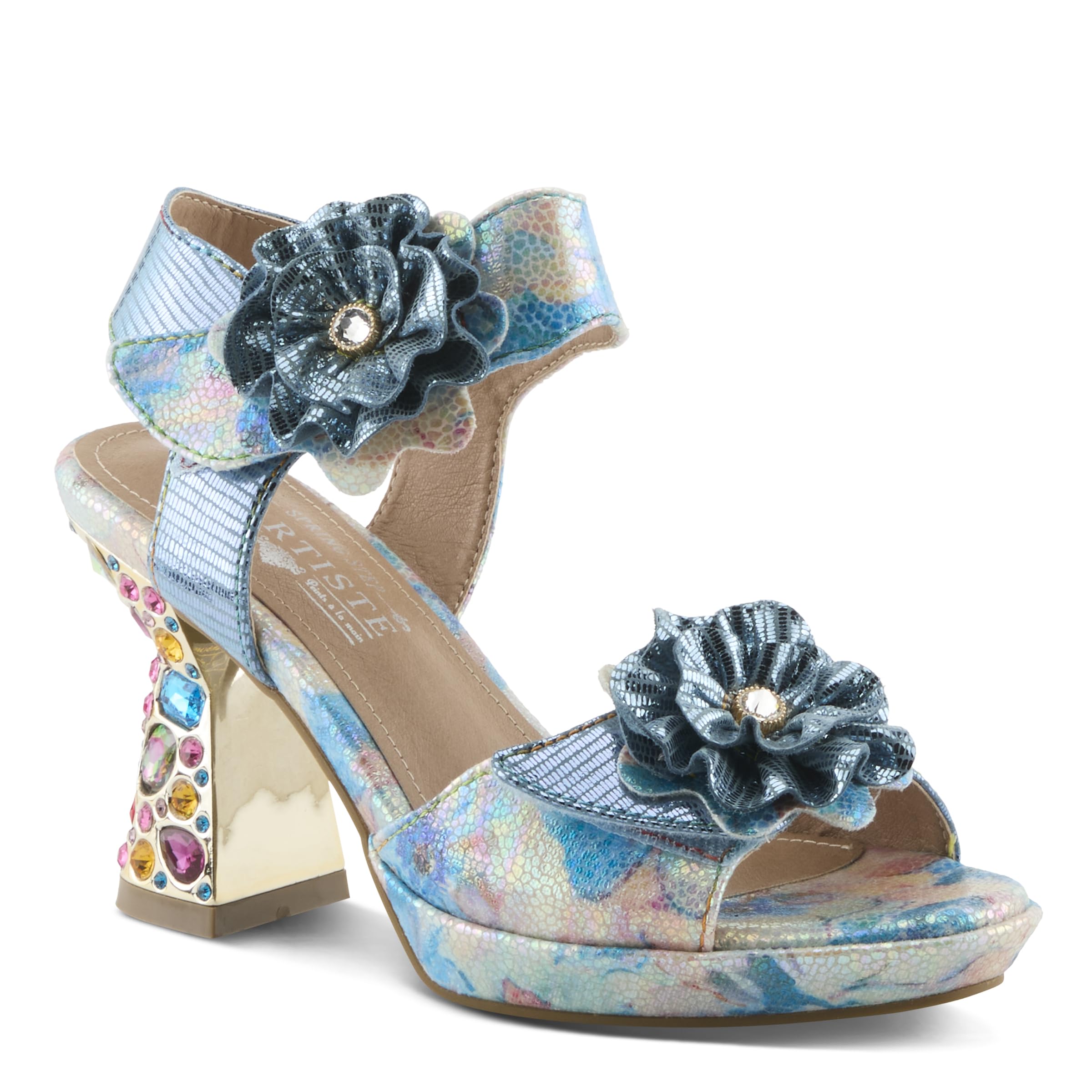 Spring Step L'Artiste Women's SMASHING Metallic Leather Sandals - Opulent Decorative Flowers, Sculpted Jewel Heel, Wearable Art Footwear: 7.5-8 Blue Multi