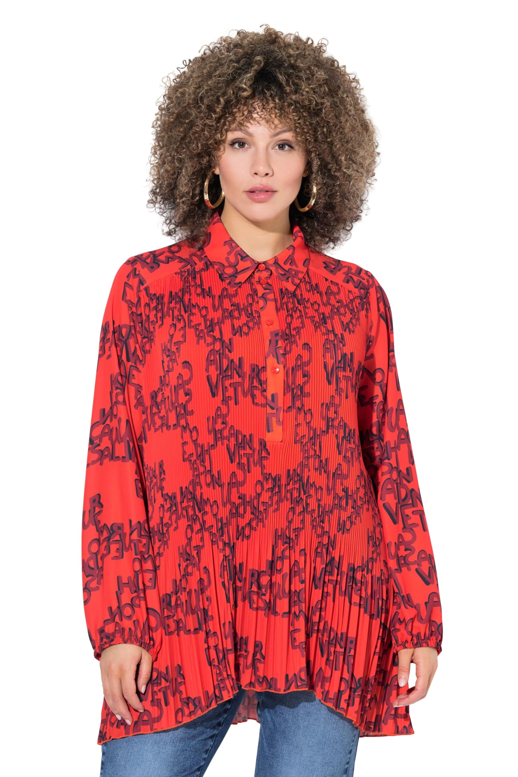 Ulla Popken Damen große Größen Übergrößen Plus Size Plissee-Bluse, Schriftmuster, A-Linie, Hemdkragen, Langarm 841164