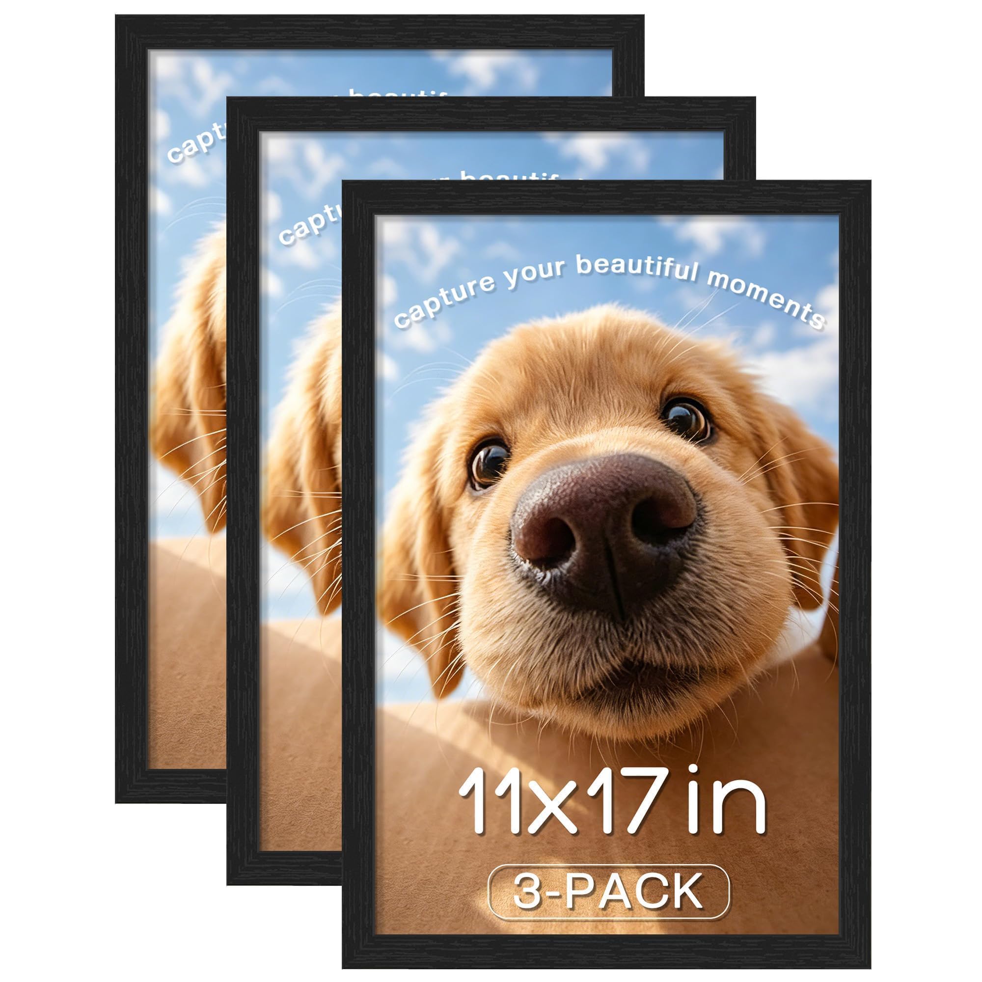 Picrit 11x17 Picture Frame 3 Pack, Wall Mount Display, Black Wood Grain