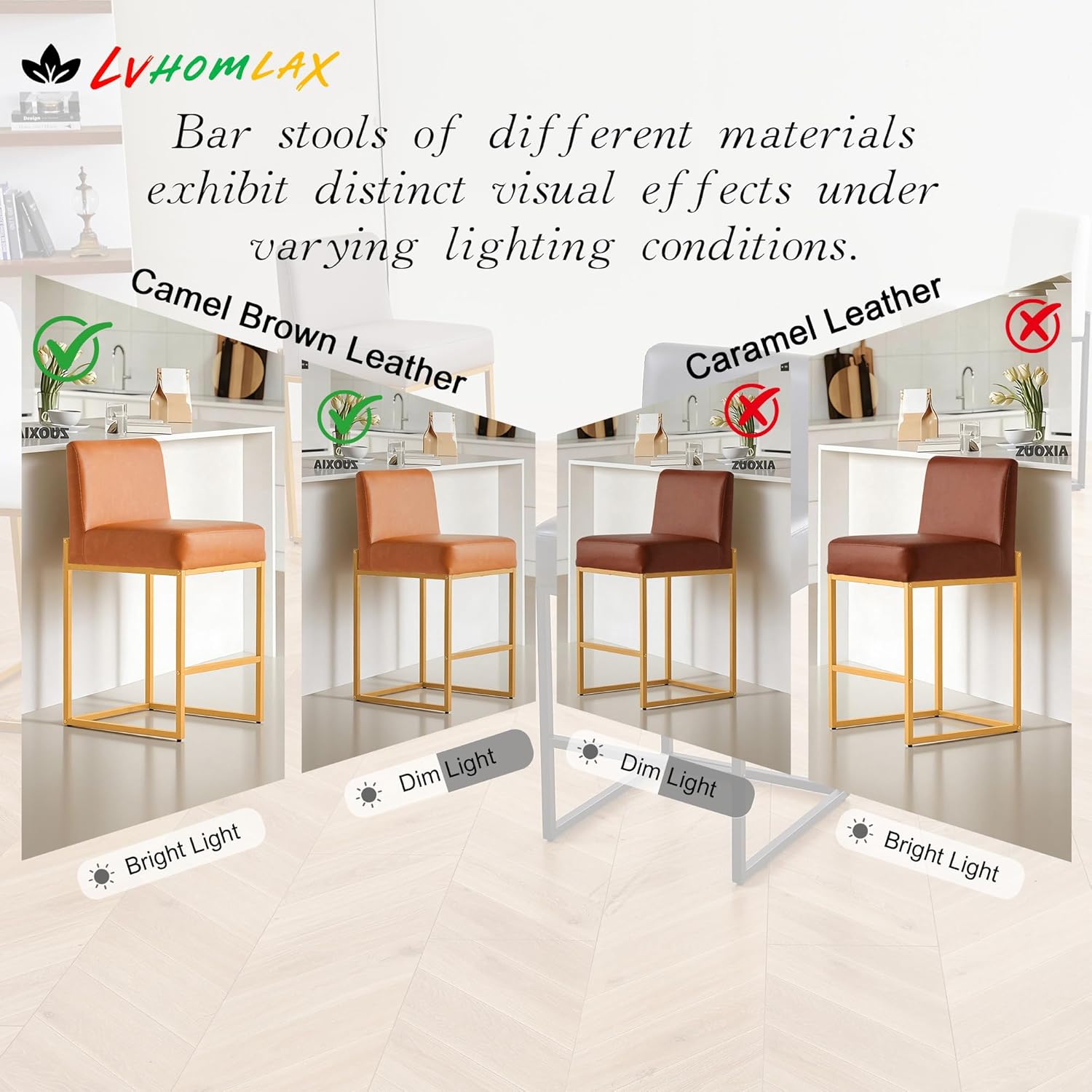 Counter Height Bar Stools,Bar Stools Set of 6,26" PU Leather Modern Kitchen BarStools with Backs,Bar Chairs with Metal Gold Frames,Camel Brown