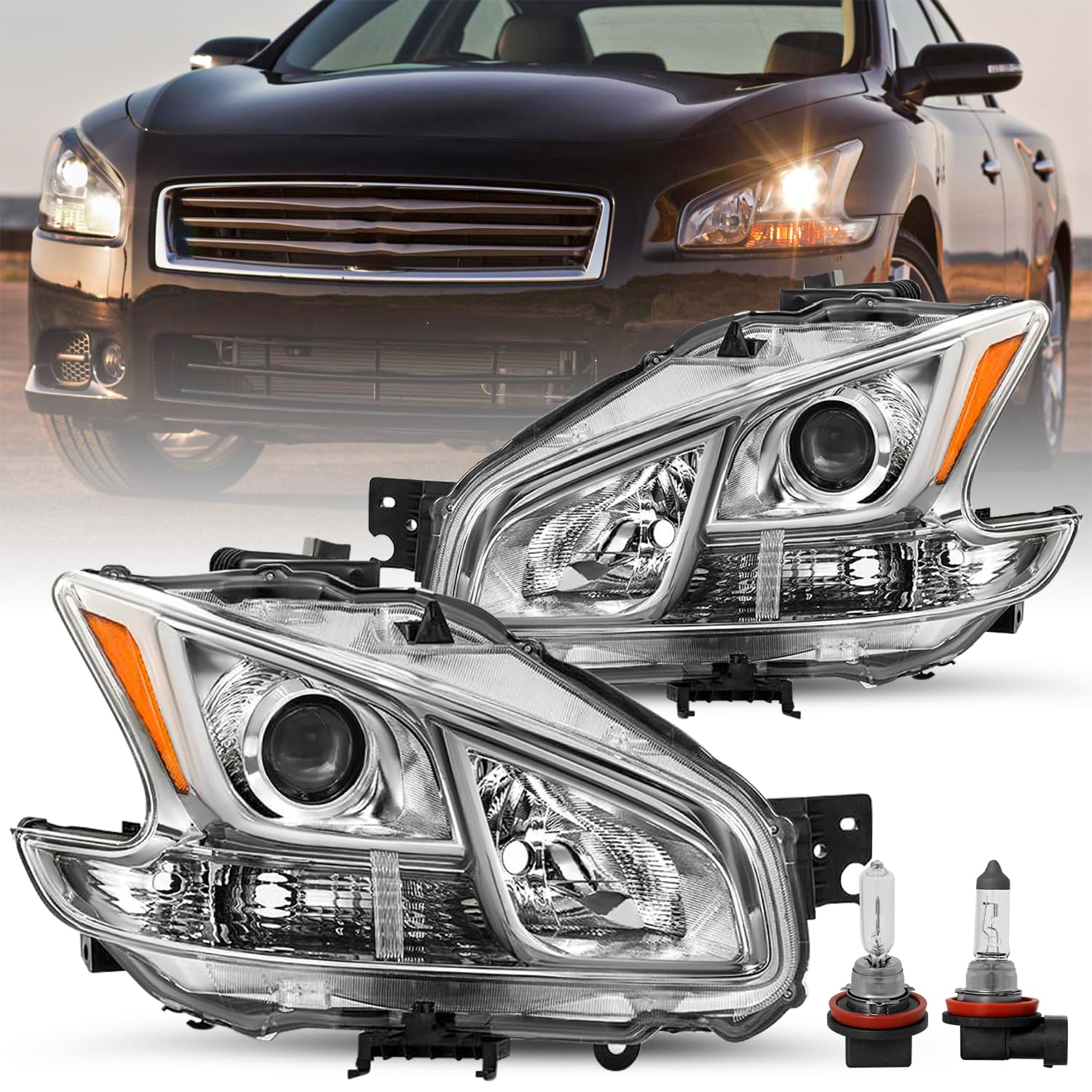 JSBOYATHalogen Headlight Assembly Replacement for 2009-2014 Maxima 4-Door Sedan Projector Headlamp Driver and Passenger Side Chrome Housing with Amber Reflector (Bulbs Included)