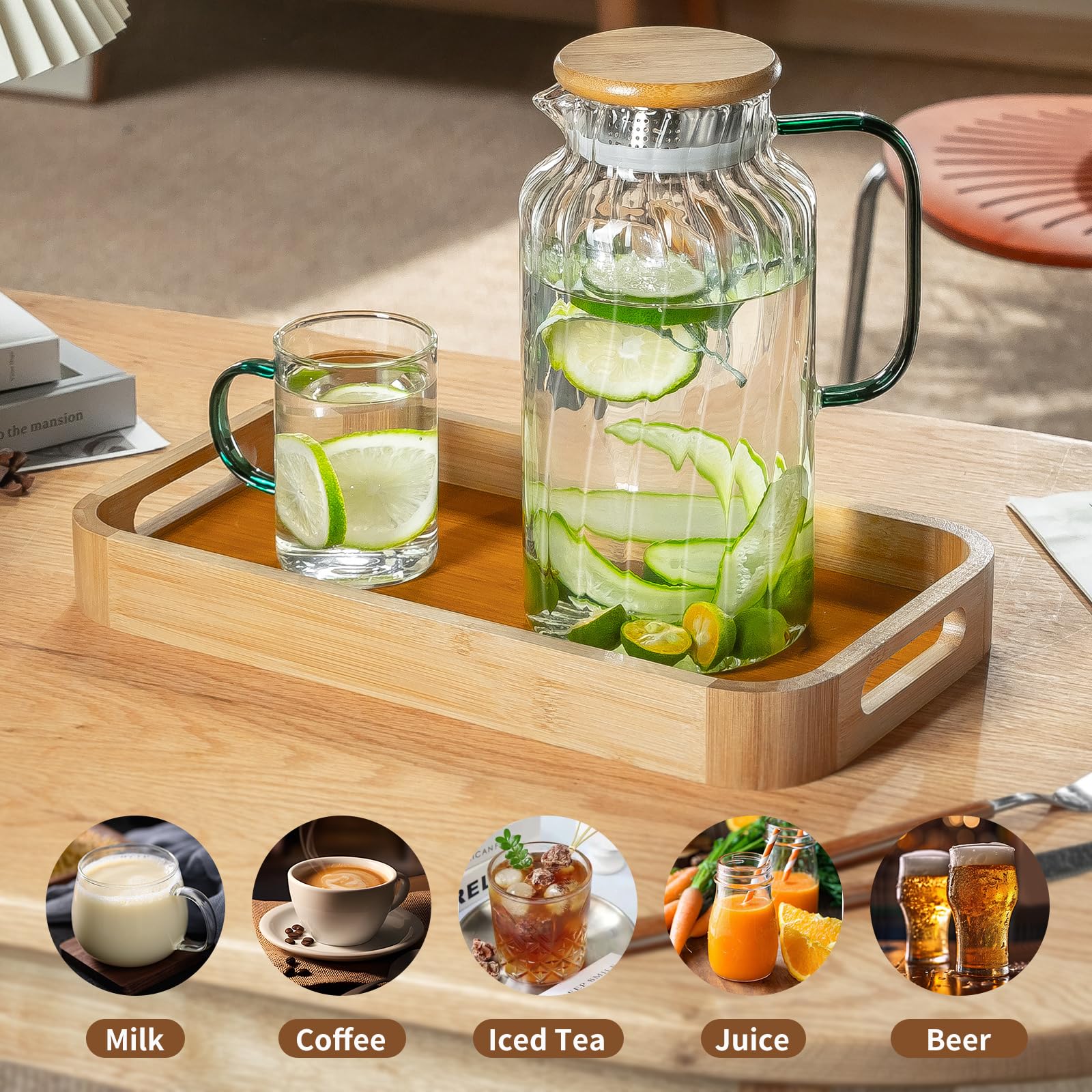 Buaic Confezione da 2 brocche in vetro con coperchio, 2 litri, classiche a righe verticali, con coperchi in bambù, caraffa per acqua fredda, caffè, limonata, tè al sole freddo, bevande, brocche in