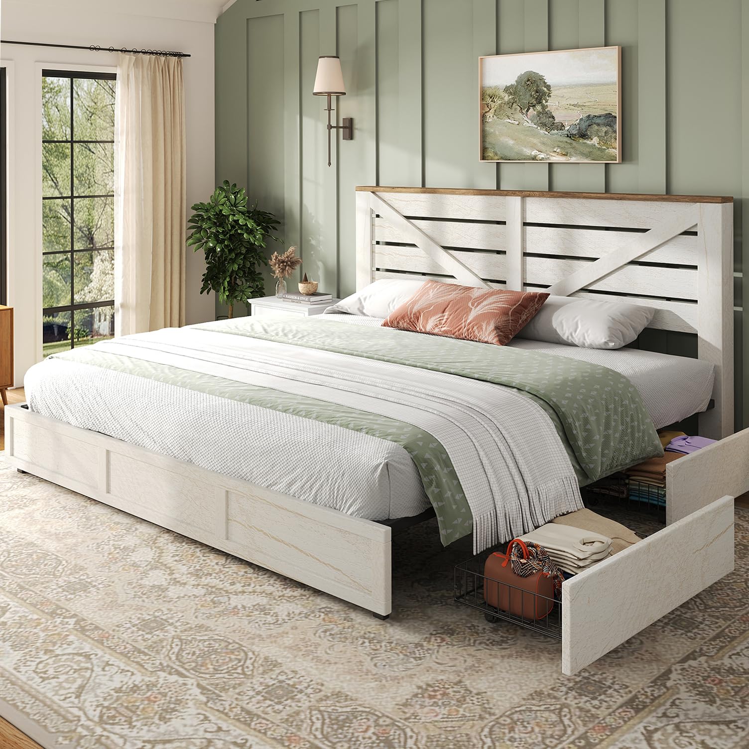 LUXOAK 48.8" H King Size Bed Frame with 4 Storage Drawers, Farmhouse Platform Bed with Barn Door Headboard, Rustic Wood Grain, No Box Spring Needed,