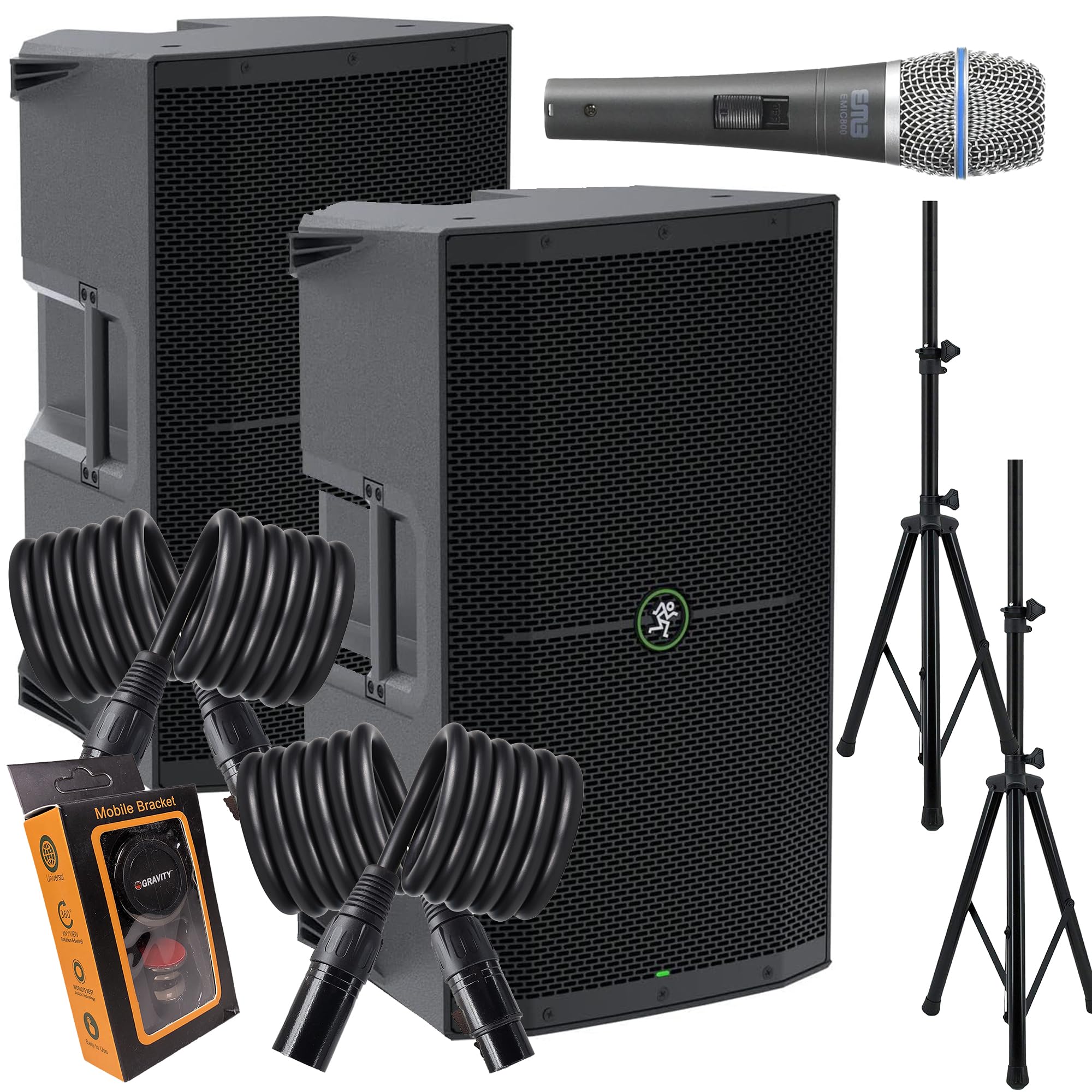 (2) Mackie Thump212XT 1,400-watt 12-inch Powered Speaker with Bluetooth Streaming, Feedback Eliminator, Music Ducking, Dual TRS/XLR Bundle with EMB XLR, Microphone, Stand, Gravity Magnet Package