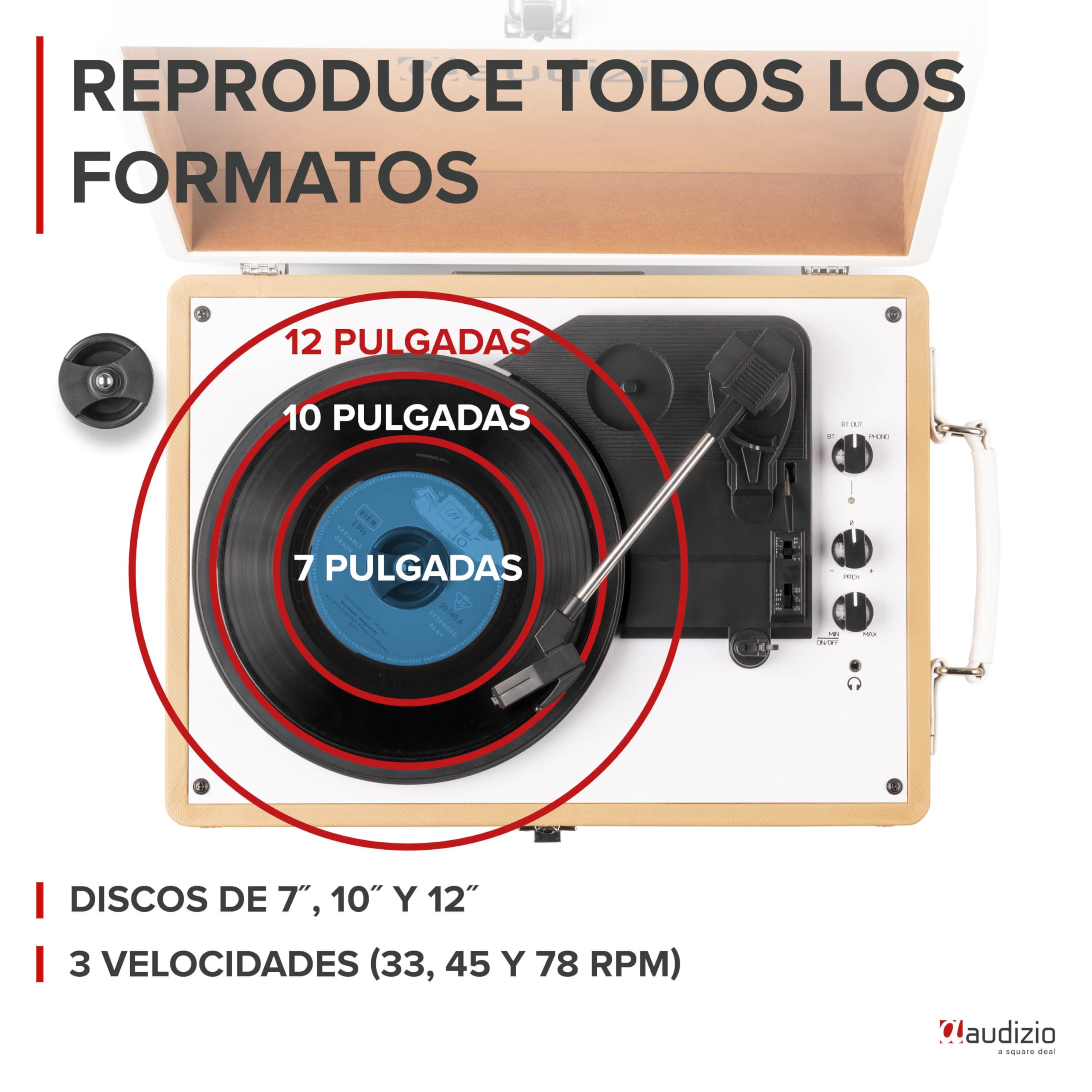 Audizio RP119 - Tocadiscos Retro con Altavoz Bluetooth de Vinilo para Enviar y Recibir, 3 velocidades 33/45/78, formatos 7''/10''/12'', AUX de 3,5 mm y RCA/Cinch - Bronce/Cuero