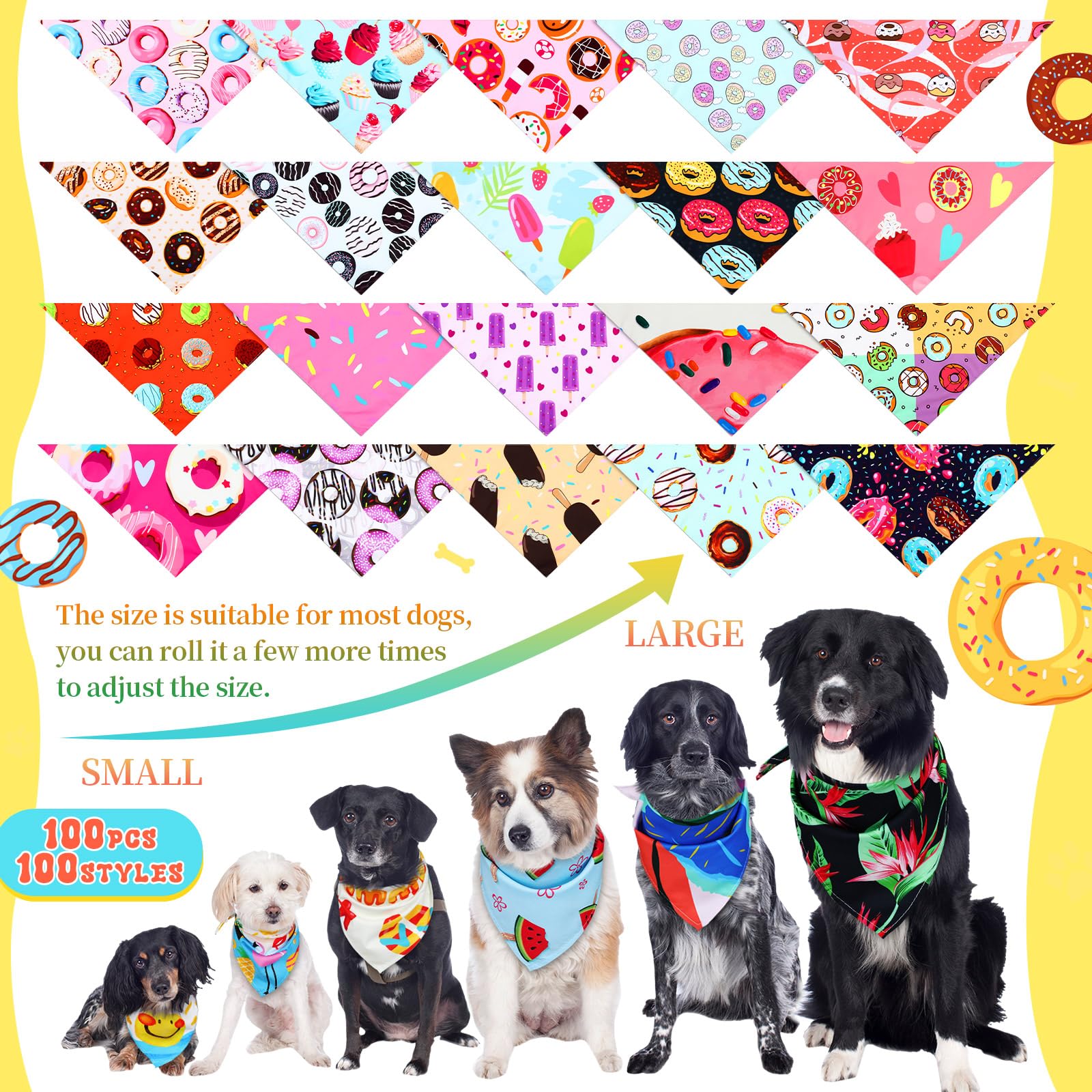 Huhumy 100 bandanas de dona para perros, baberos para mascotas, bufanda triangular colorida, tamaño XL, bandanas para perros medianos y grandes, primavera, verano, caramelos, cumpleaños, decoración de