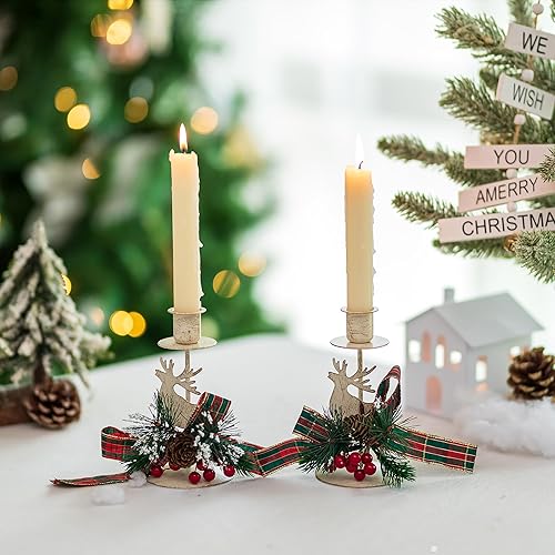 Miniatura 10 de Romadedi Portavelas de decoración navideña candelabro de reno dorado, decoración de bayas rojas para centro de mesa cónica, adornos festivos, mantel