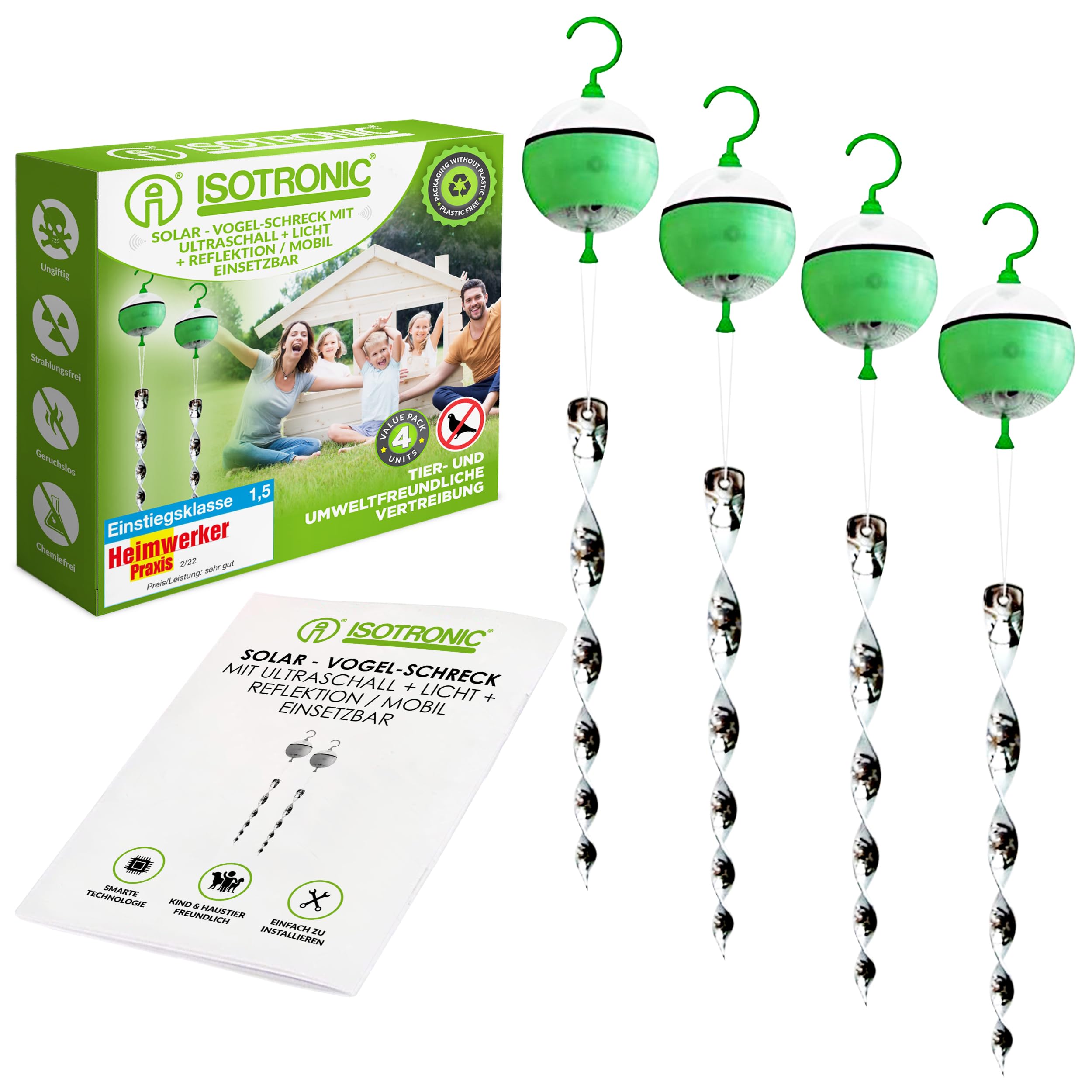 ISOTRONIC Repelente Solar para Aves con acción 4 en 1: Movimiento, ultrasonido, luz Azul y reflectores Plateados. Ahuyentador de Aves y Palomas para balcón y jardín (4 Unidades).